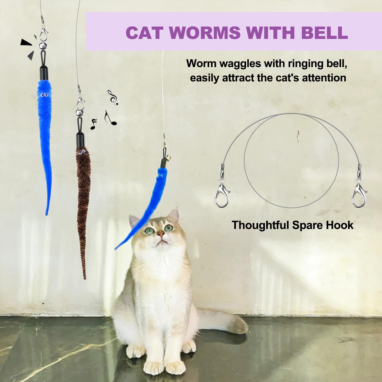 11PCS Interactive Cat Wand Toy Set - 2 Retractable Wands, 7 Worm Teasers & 1 Plush Fish Toy for Indoor Cats | Feather Toys for Play, Chase & Exercise | Perfect for Kittens & Adult Cats | Great for Bonding & Active Playtime