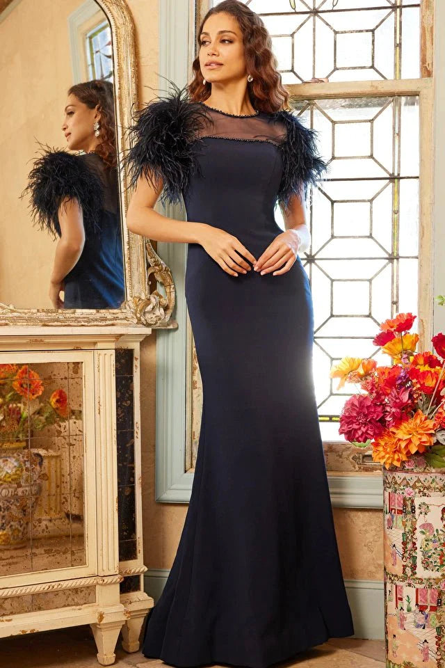 Jovani 07432 Navy Blue Feather Sleeves Sheath Evening Gown - Perfect for Prom, Homecoming, and Formal Events