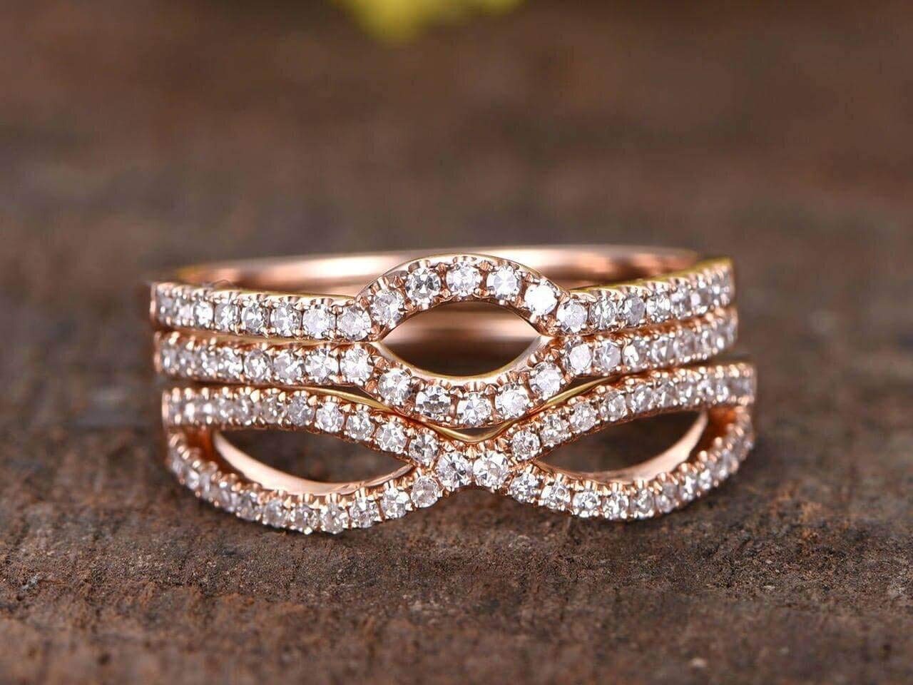 3-Piece Bridal Ring Set - Half Eternity Matching Band, Split Shank & Curved U Diamond Wedding Bands in 18k Gold Plating - Perfect for Engagement, Anniversary & Bridal Jewelry Gifts