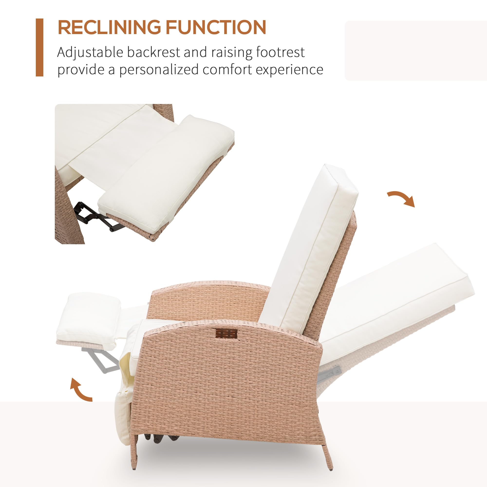 Outsunny Patio Recliner - Outdoor Reclining Lounge Chair with Adjustable Backrest, Flip-Up Side Table & Footrest - All-Weather Wicker Metal Frame Chaise Lounge with Cushions (Beige) - Perfect for Poolside, Backyard, Garden & Patio Relaxation