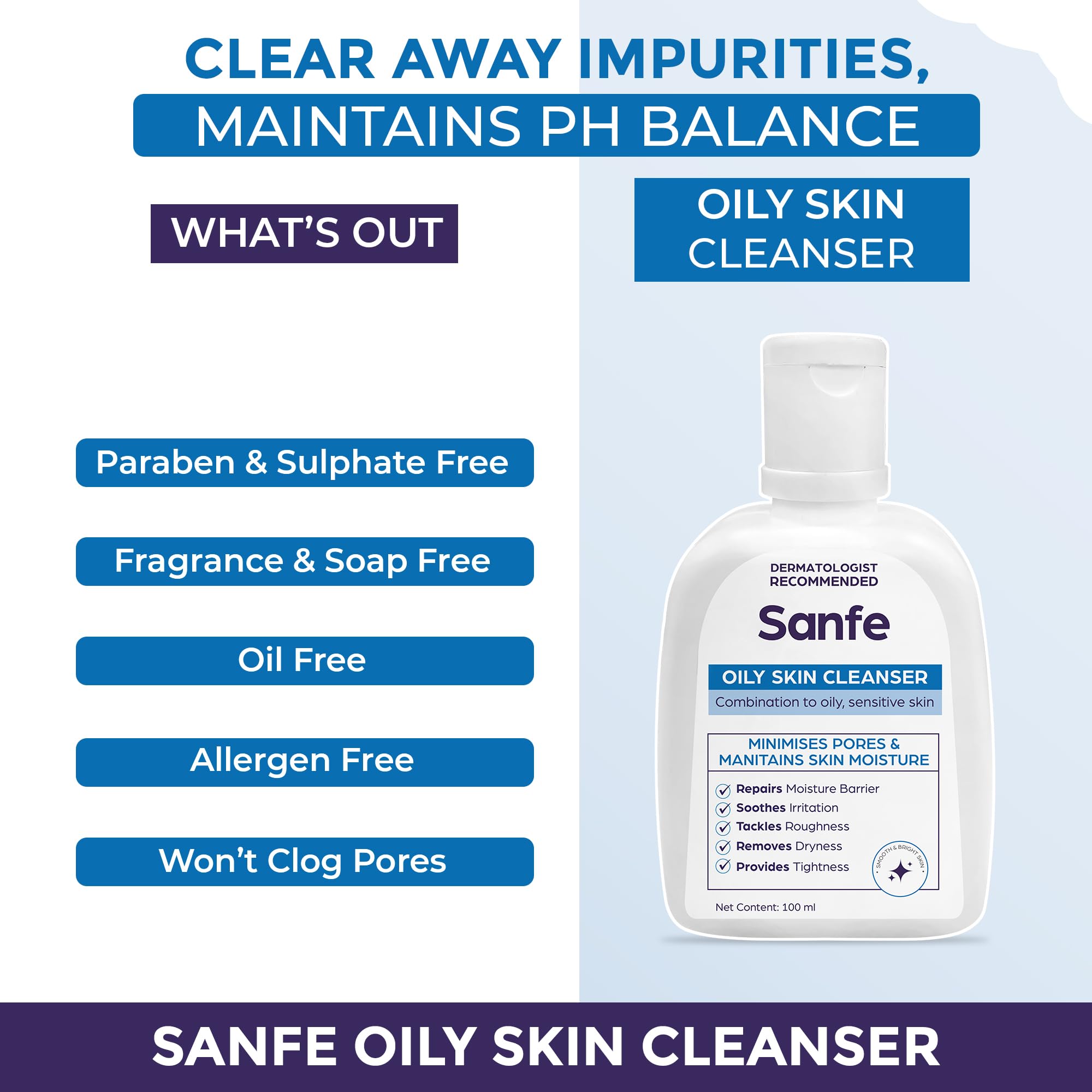 Sanfe Oily Skin Cleanser for Acne-Prone Skin | Gentle Foaming Face Wash to Minimize Pores & Hydrate Skin | Daily Use for Skin Repair, Roughness & Dryness | Cetaphil Alternative 100ml | Perfect for Morning & Night Skincare Routine