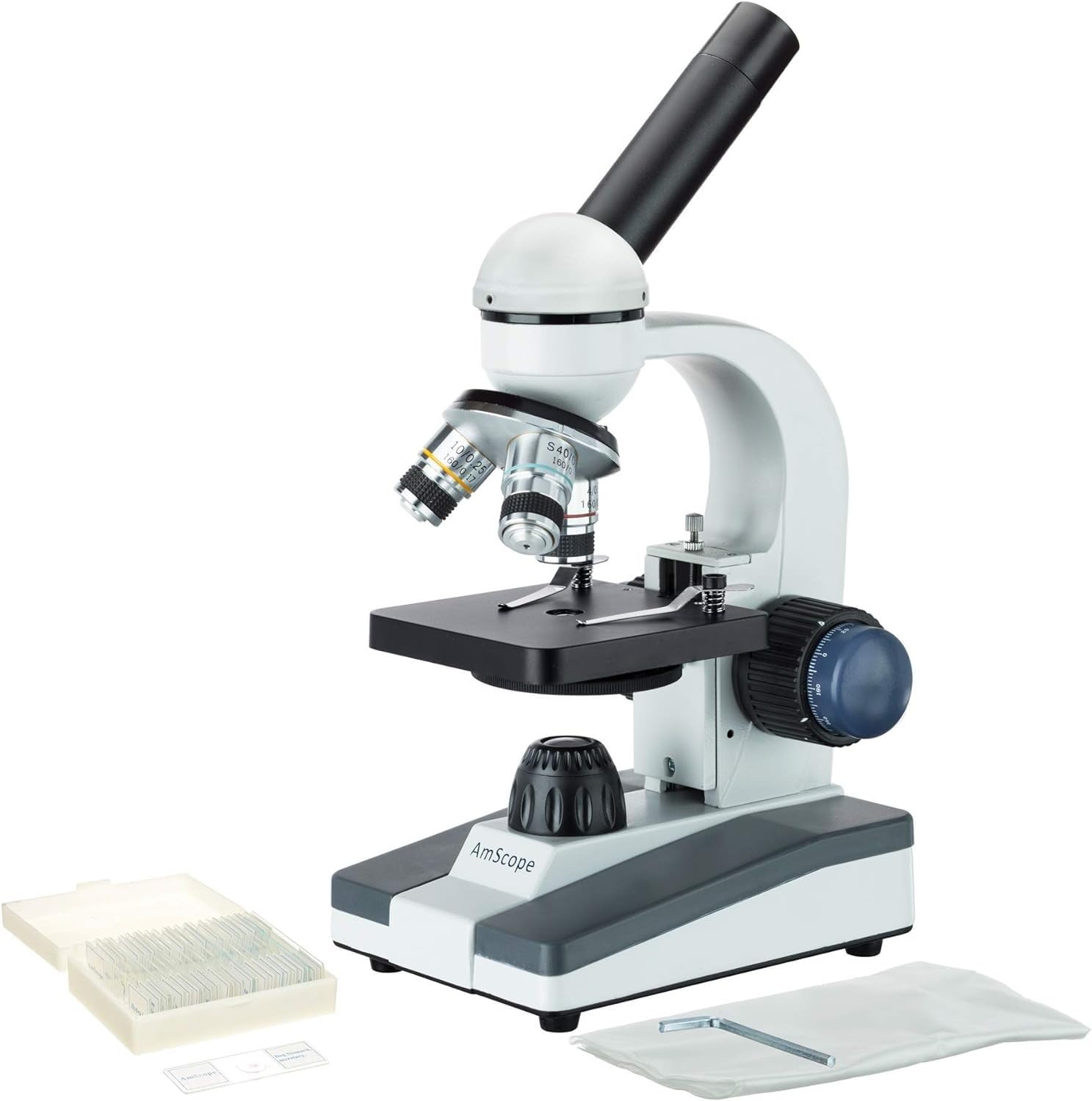AmScope M150 Series Portable Student Monocular Compound Microscope - 40X-1000X Magnification with LED Illumination & 25 Prepared Slides - Coarse & Fine Focus Adjustment - Perfect for Home Schooling, Science Classrooms & Biology Labs