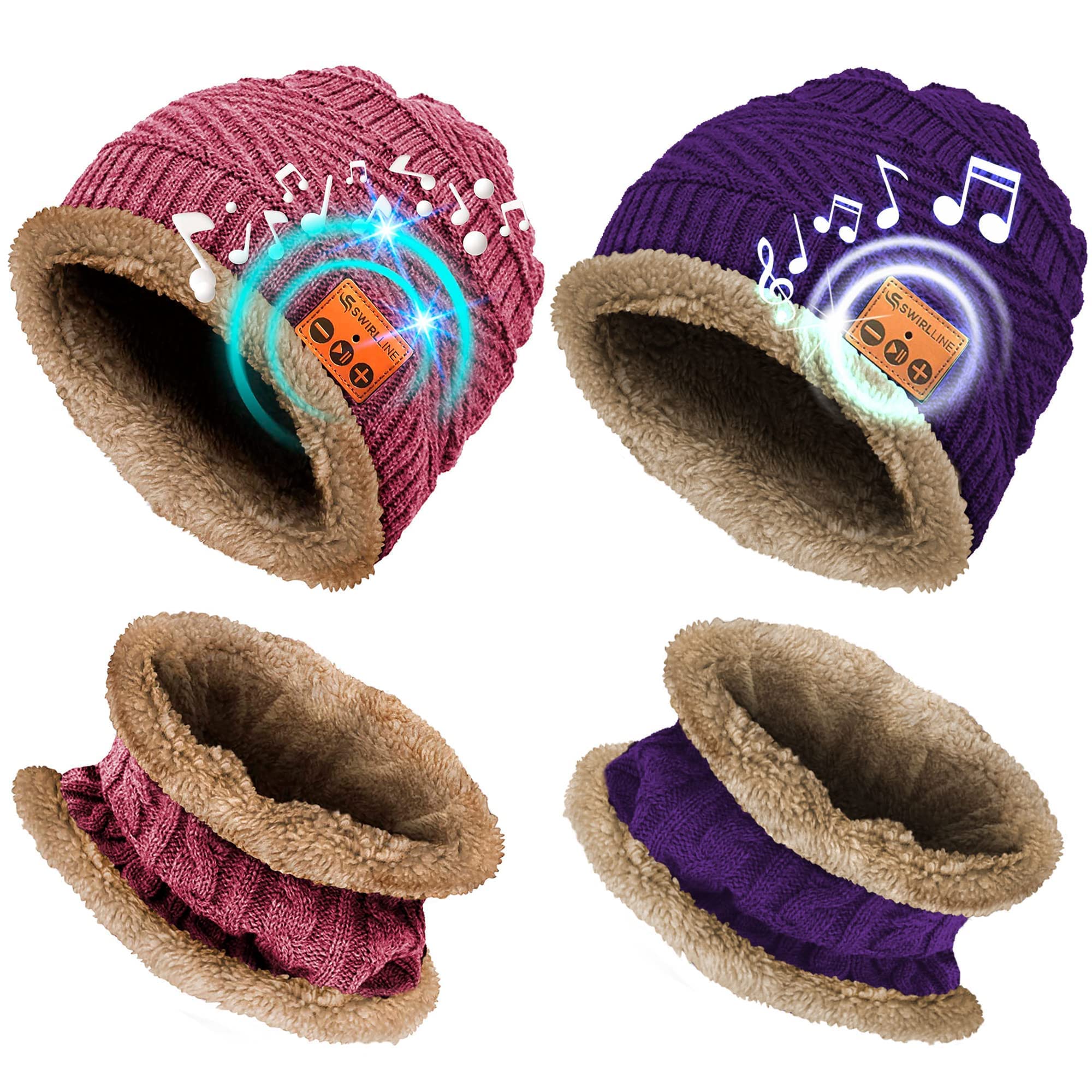 Wireless Bluetooth Beanie Hat with Scarf & Built-in Headphones - Bluetooth 5.0 Knitted Fleece Music Hat for Women, Men & Teens - Warm Winter Beanie in Pink & Purple - Perfect for Skiing, Running & Outdoor Activities