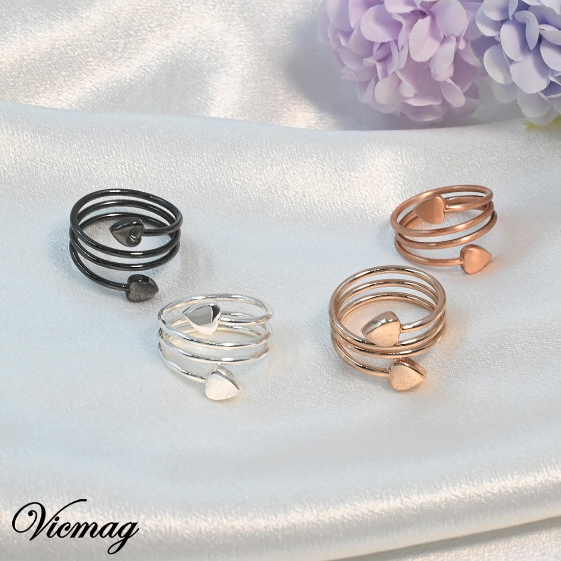 Vicmag Adjustable Copper Magnetic Rings for Women - 4PCS Set (Rose Gold, Silver, Copper, Black) - 100% Pure Solid Copper Jewelry Gift for Finger & Thumb - Perfect for Arthritis Relief, Fashion Accessories & Wellness Therapy