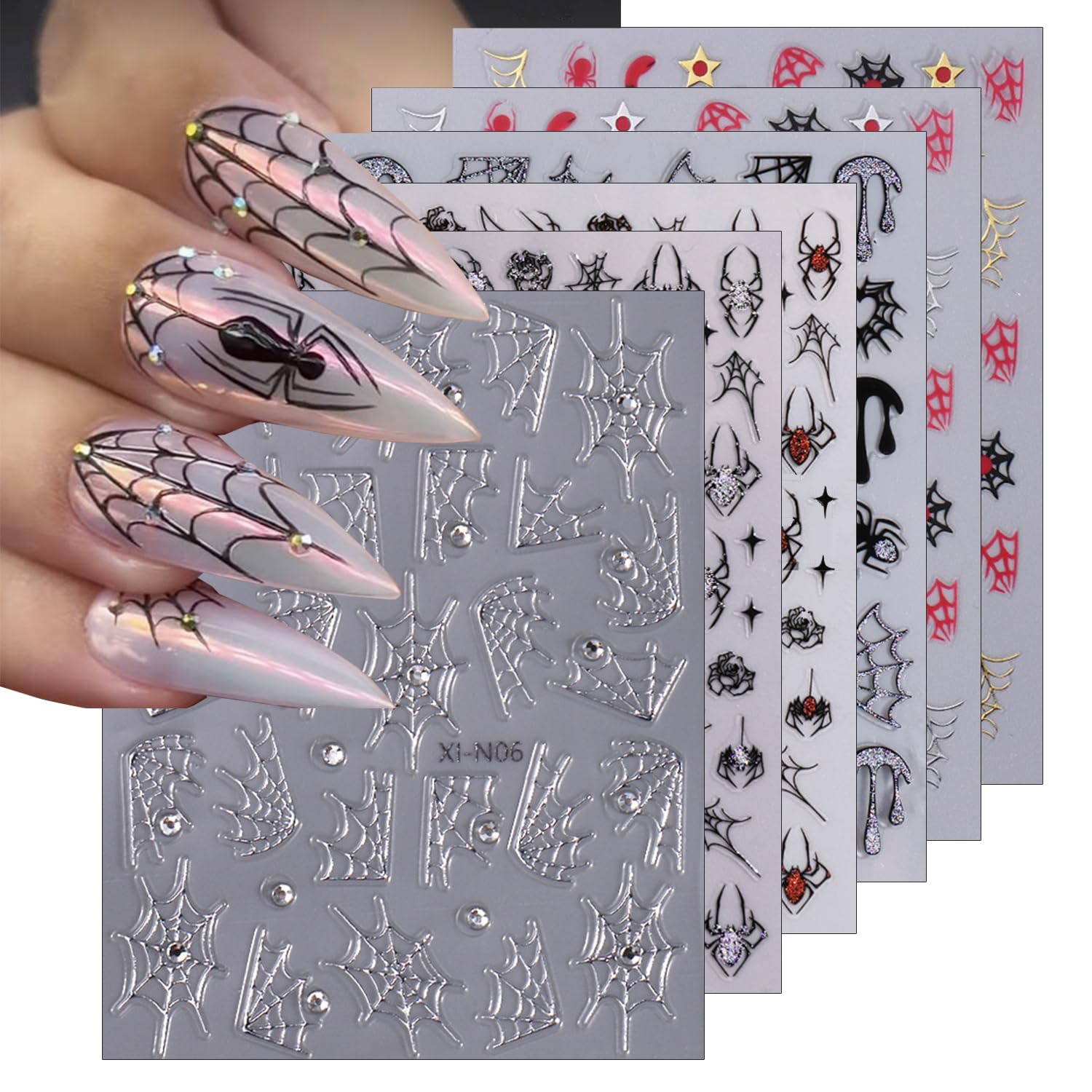 Spider Web Halloween Nail Stickers with Rhinestones - 6Pcs Red & Black Nail Art Decals for Women | Classic Halloween Manicure Accessories for Parties, Costume Events & Spooky Nail Designs