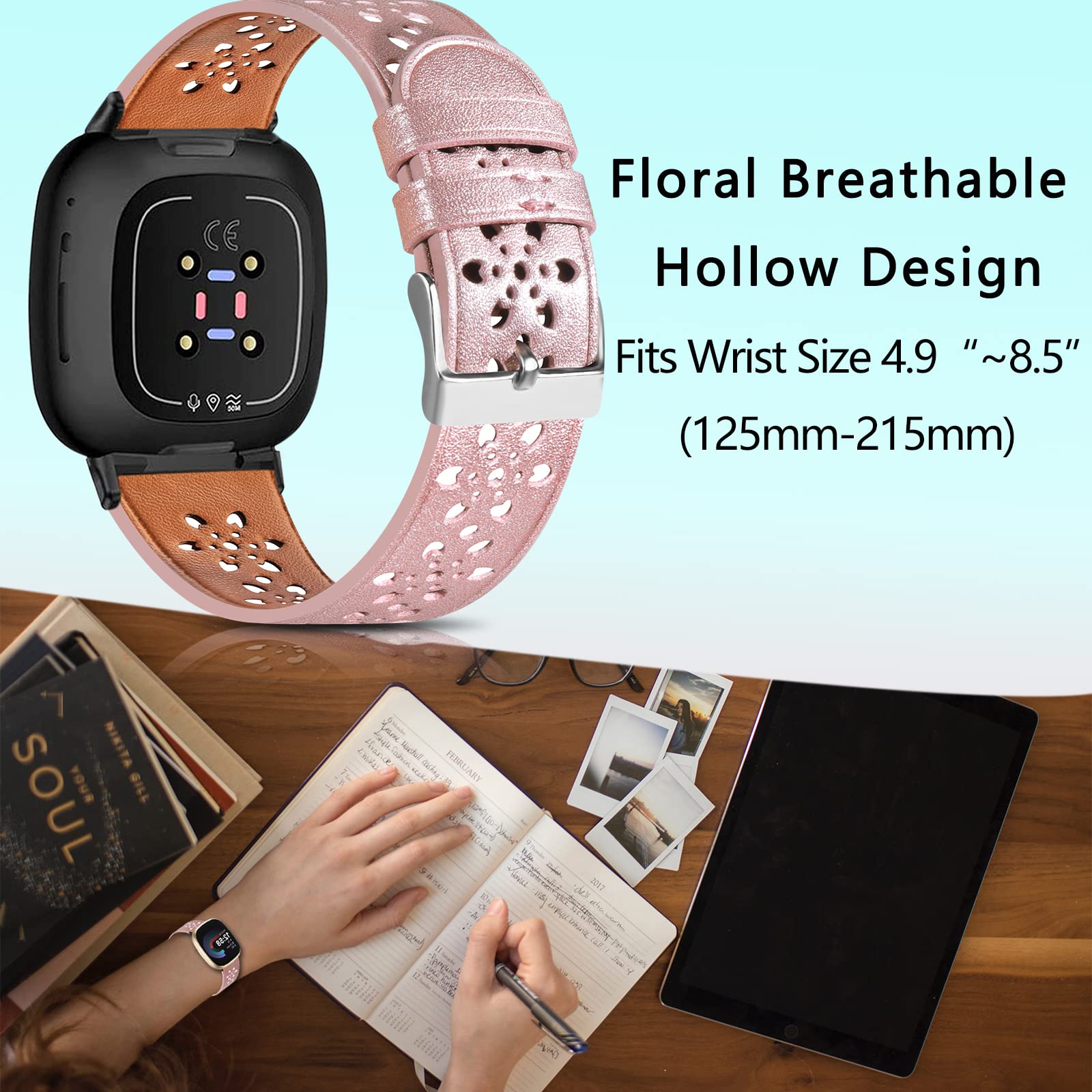 Premium Leather Replacement Bands for Fitbit Versa 3/4 & Sense 1/2 - Floral Lace Hollow-Out Design Wristbands for Women & Men - Perfect for Workouts, Office Wear & Everyday Fashion Accessories