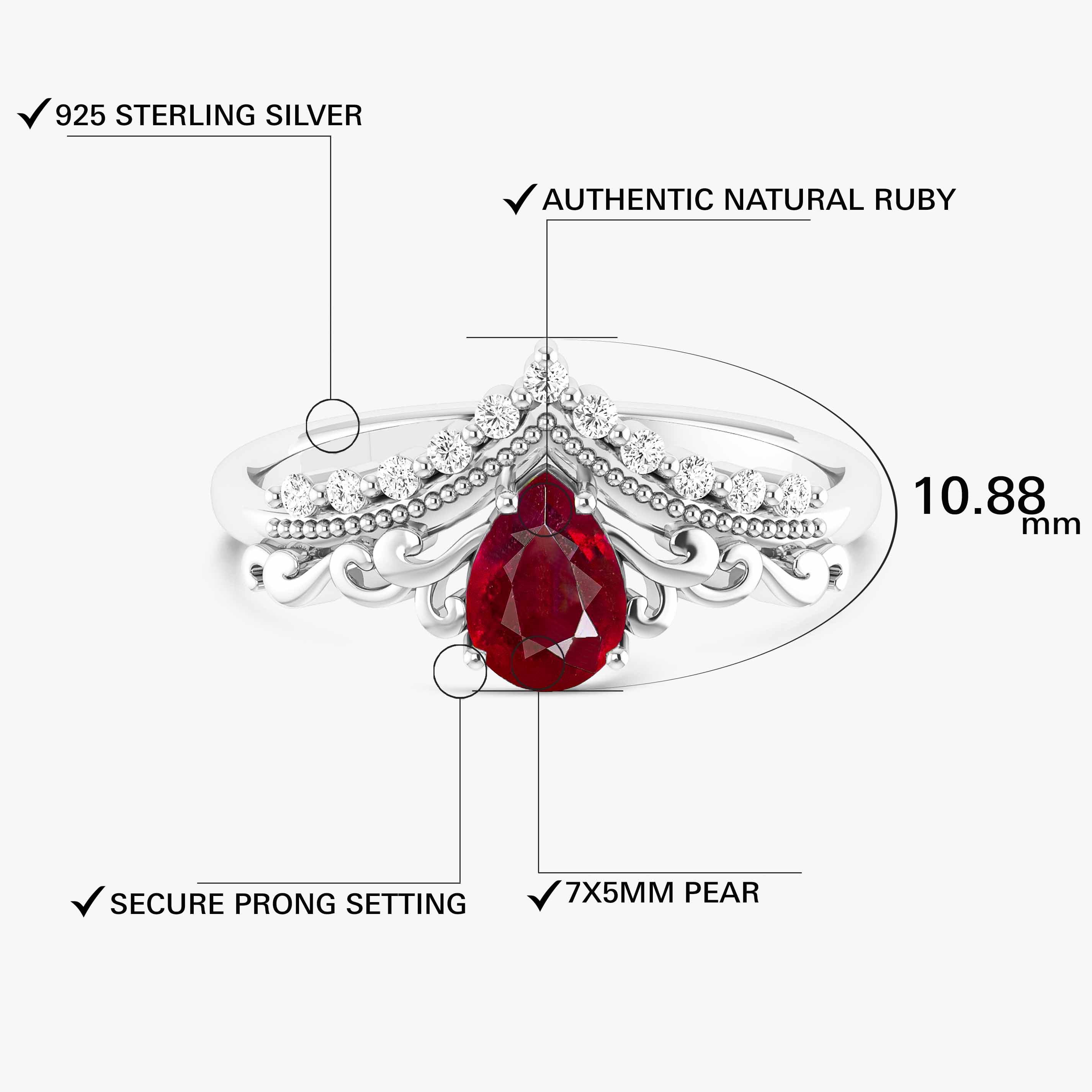 Genuine Red Ruby Gemstone Crown Style Ring for Women – Elegant Vintage Jewelry for Weddings, Parties & Special Occasions
