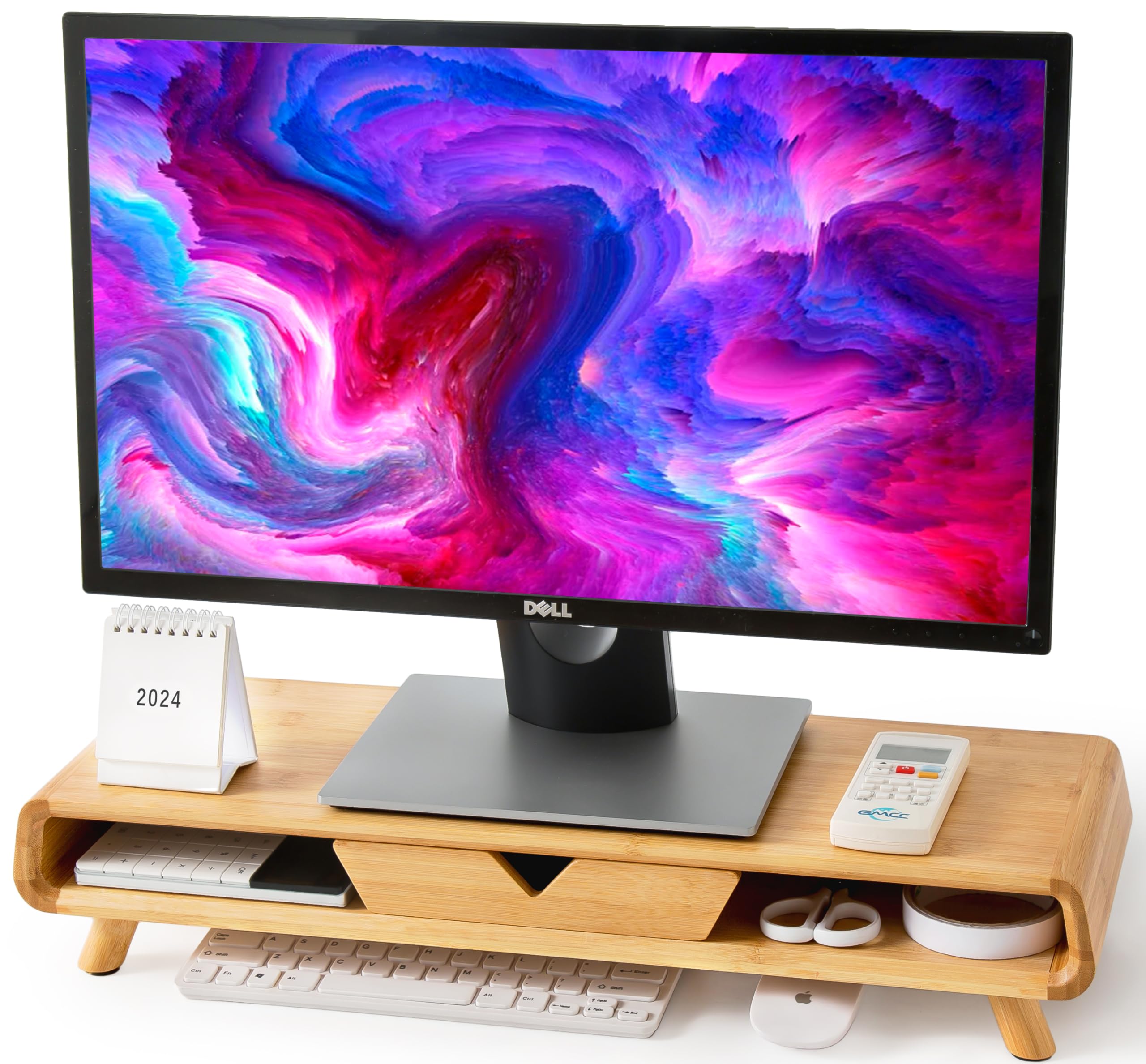 Homerays Bamboo Monitor Stand Riser with Drawer - No Assembly Required, Ergonomic Height Adjustable Wooden Computer Monitor Stand for Home & Office Workspace