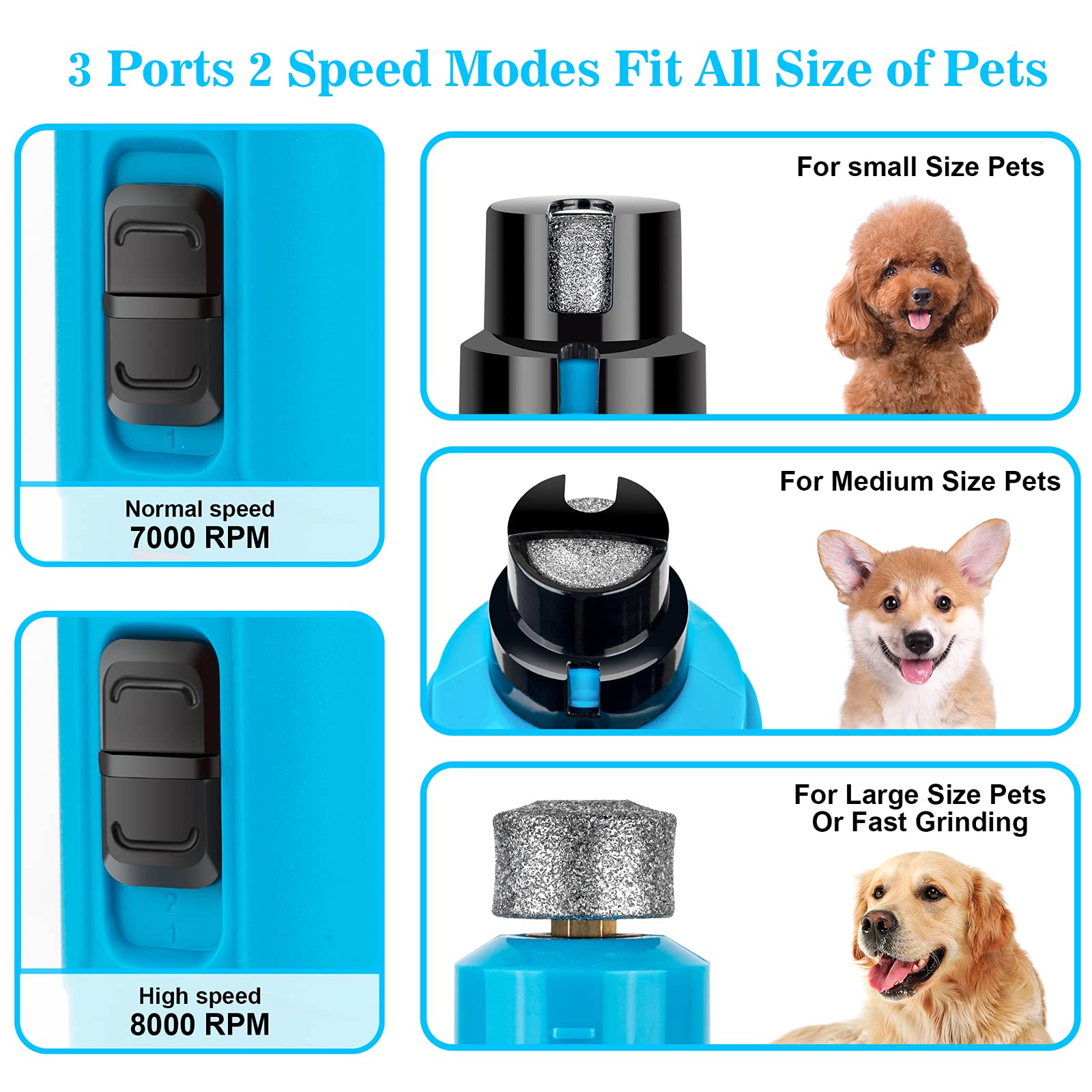 BOUSNIC Dog Nail Grinder with 2 LED Lights - Ultra Quiet Electric Pet Nail Trimmer, 2-Speed Adjustable for Small Medium Large Dogs & Cats | Safe & Painless Nail Filing for Puppies to Adult Pets | Perfect for Home Grooming & Professional Use (Blue)