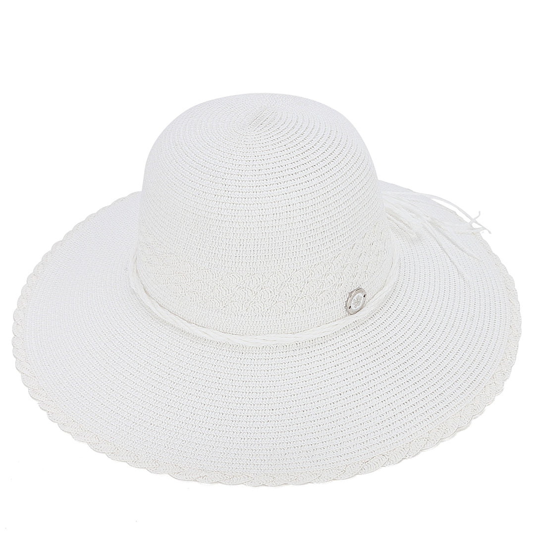 Blossom Woven White Sun Hat for Women - Summer Beach Hat with Wide Brim, UPF 50+ Sun Protection - Perfect for Beach Vacations, Garden Parties, and Outdoor Activities