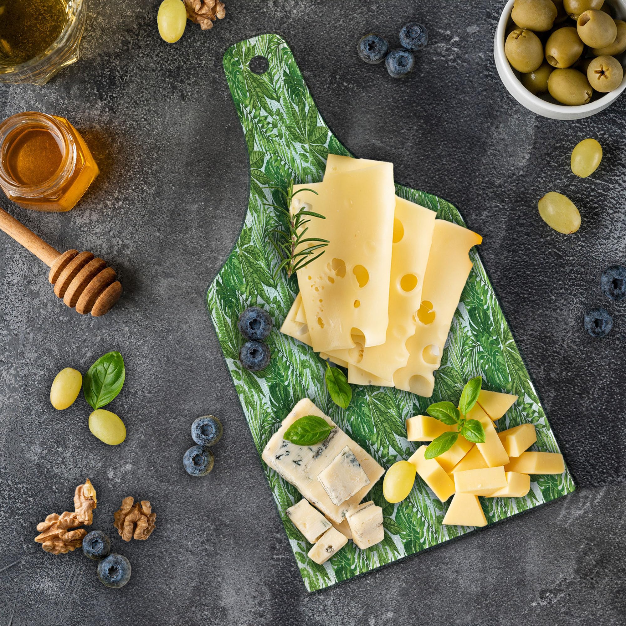 Ambesonne Palm Leaf Tempered Glass Cutting Board - Jungle Foliage Design, Madagascar Aloha Botanical Forest Plant Pattern - Decorative Serving Board for Kitchen, Dining & Entertaining - Wine Bottle Shape in Green, Olive Green & White - Perfect for Cheese Platters, Charcuterie Boards & Wine Pairings