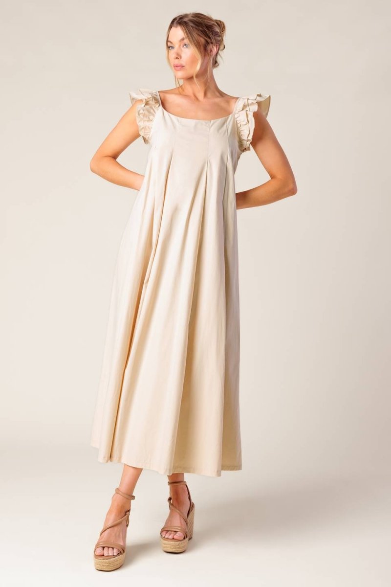 Champagne Toast Taupe Woven Midi Dress for Women - Elegant Cocktail Party & Wedding Guest Outfit