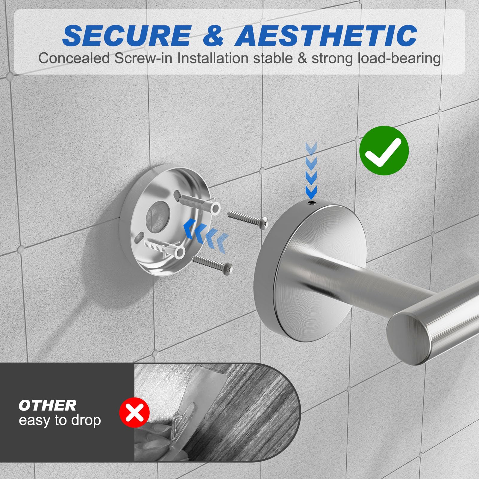 BlueFire 12-Piece Bathroom Hardware Set - Wall Mounted Towel Bars, Paper Towel Holders & Adhesive Hooks for Bathroom Organization (Silver) | Perfect for Modern Bathrooms, Guest Rooms & Spa-Style Decor