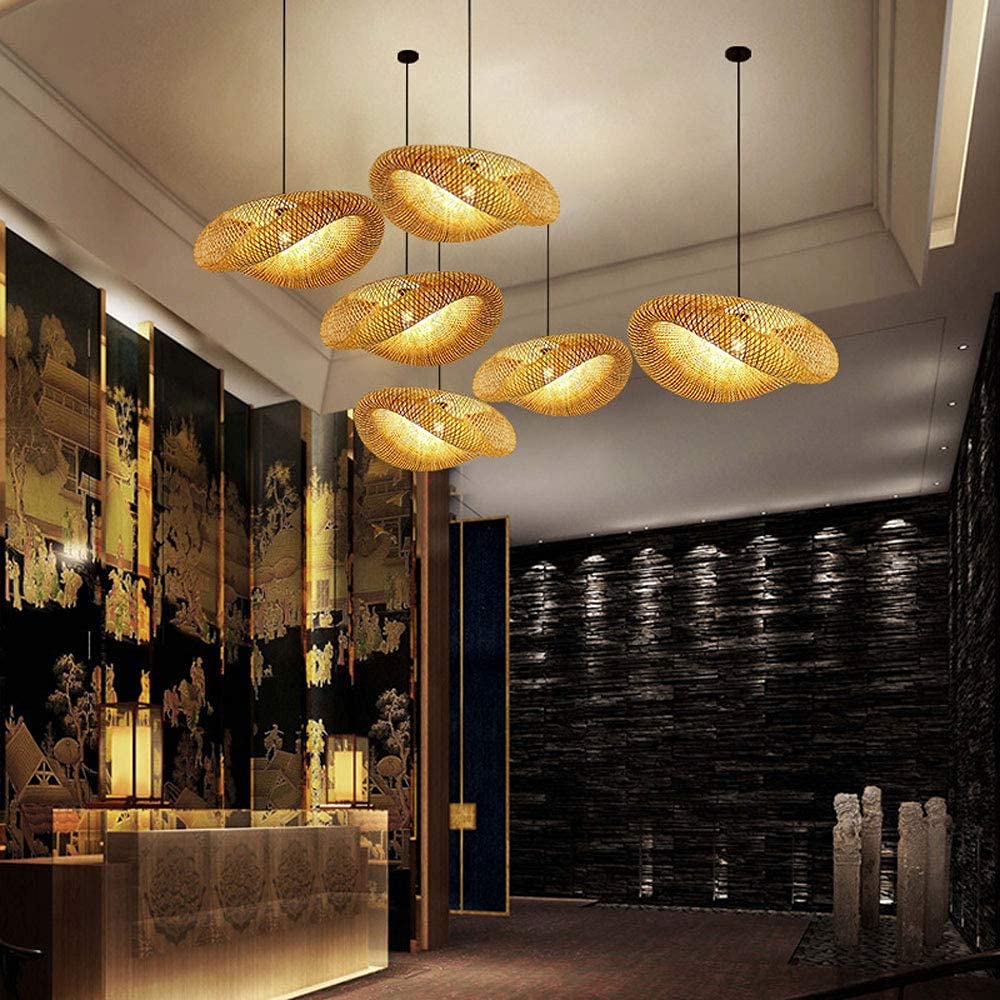Handmade Cross-Woven Bamboo Chandelier - Large Hat-Shaped Rattan Pendant Light for Restaurant & Home Decor | Eco-Friendly Ceiling Fixture with Natural Weave Design | Perfect for Dining Rooms, Living Spaces and Commercial Areas