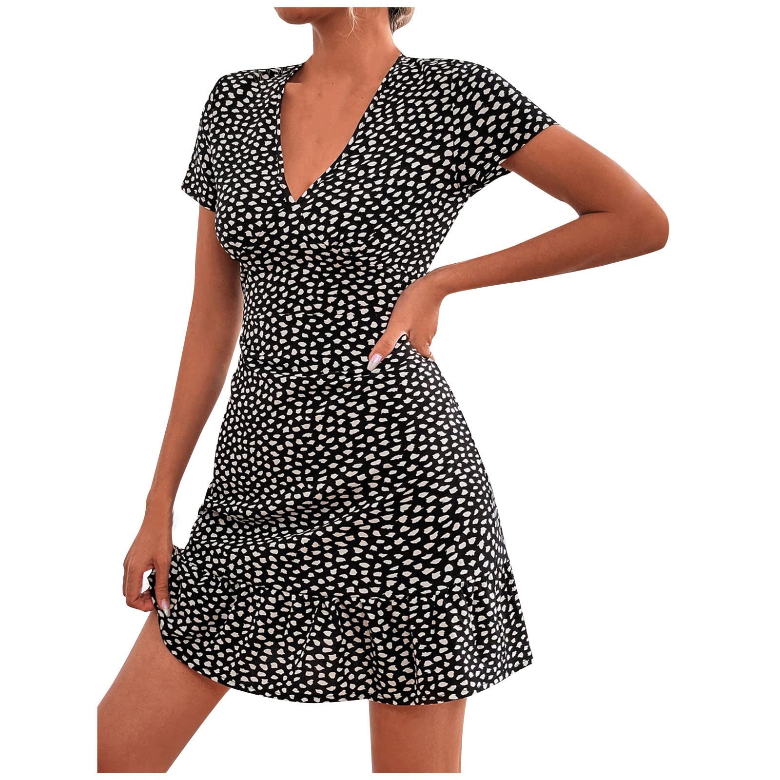 Loyalty Women's Floral Wrap Mini Dress - V-Neck Short Sleeve A-Line Asymmetrical Ruffle Hem with Belt | Summer Beach Party, Cocktail, Date Night Outfit
