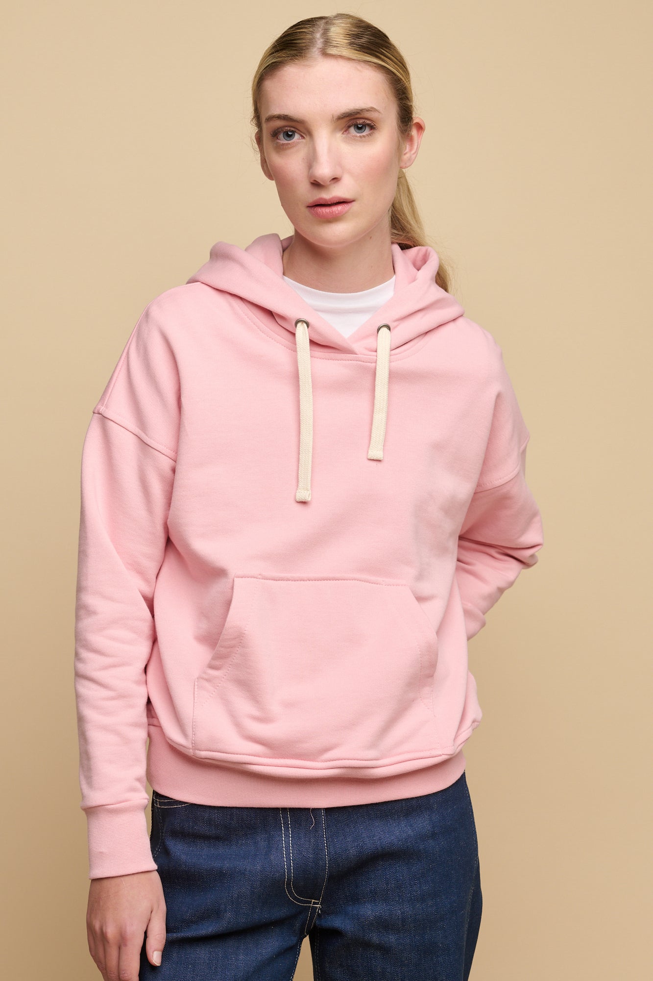 Women's Pale Pink Hooded Sweatshirt - Soft Fleece Pullover with Kangaroo Pocket | Cozy Casual Wear for Fall & Winter, Gym, Lounge, and Outdoor Activities