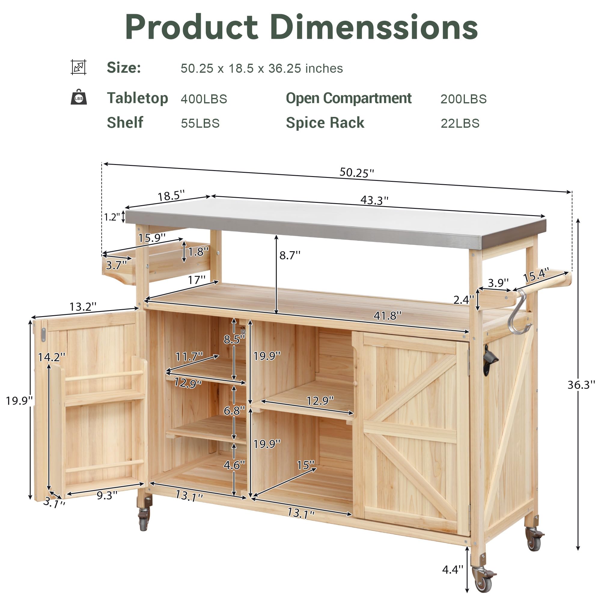 Premium Outdoor Kitchen Island with Wheels - Farmhouse Style Solid Wood BBQ Grill Cart with Stainless Steel Top, Storage Cabinet, Spice Rack & Towel Hooks - Perfect for Backyard Cooking, Patio Entertaining & Outdoor Dining (Natural Wood Finish)