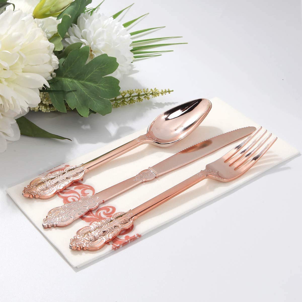 Supernal 300-Piece Rose Gold Plastic Dinnerware Set - 60 Dinner Plates, 60 Salad Plates, 60 Forks, 60 Knives, 60 Spoons - Elegant Disposable Tableware for Parties, Weddings, Picnics & Outdoor Events