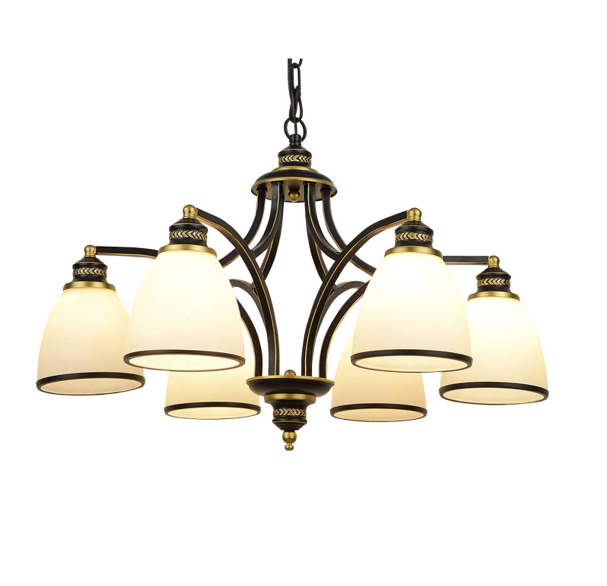 Vintage Black Wrought Iron 6-Light Crystal Pendant Chandelier with Adjustable Chain & Glass Shades - Rustic Farmhouse Lighting for Kitchen Island, Bedroom, Dining Room, Hallway & Entryway