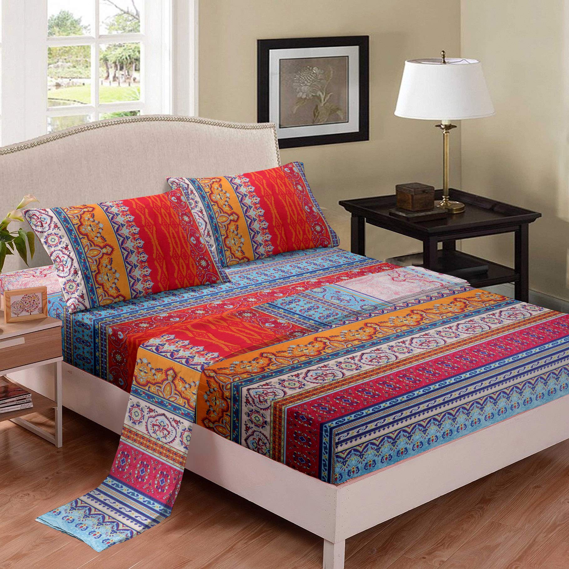 Bohemian King Size Bed Sheets Set - 4 Piece Super Soft Microfiber Bedding with Deep Pocket Fitted Sheet, Flat Sheet & 2 Pillowcases - Red Tribal Striped Boho Style for Bedroom Decor | Perfect for Master Bedroom, Guest Room & Bohemian Home Decor