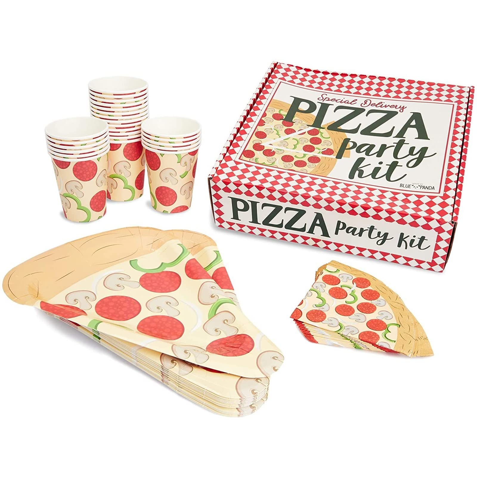 BLUE PANDA Pizza Party Supplies Kit - 24-Piece Set with Plates, Napkins & Cups for 24 Guests | Perfect for Birthday Parties, Game Nights & Family Gatherings