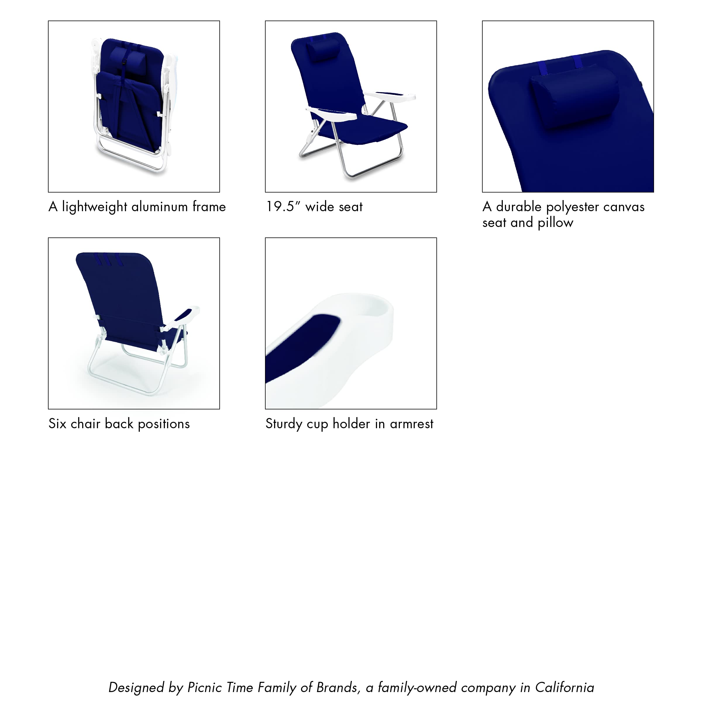 ONIVA Monaco Reclining Backpack Beach Chair - Lightweight Folding Lounge Chair for Outdoor, Picnic, Camping & Travel - Navy Blue Portable Low Chair for Beach, Park, Backyard & Poolside Relaxation