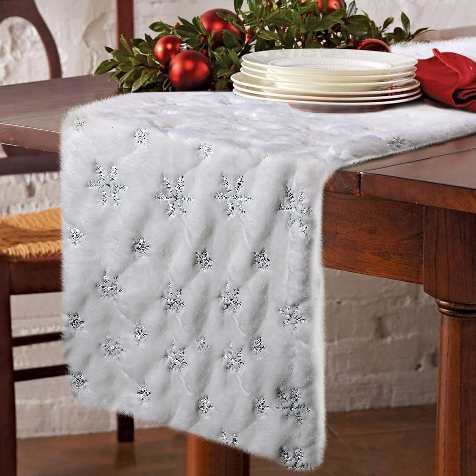 Yuboo White and Silver Sequin Snowflakes Fur Christmas Table Runner - 72 Inch Snow Furry Dresser Runner for Holiday Decor, Xmas Table & Bed Decoration - Perfect for Christmas Parties, Winter Home Decor & Festive Dining Settings