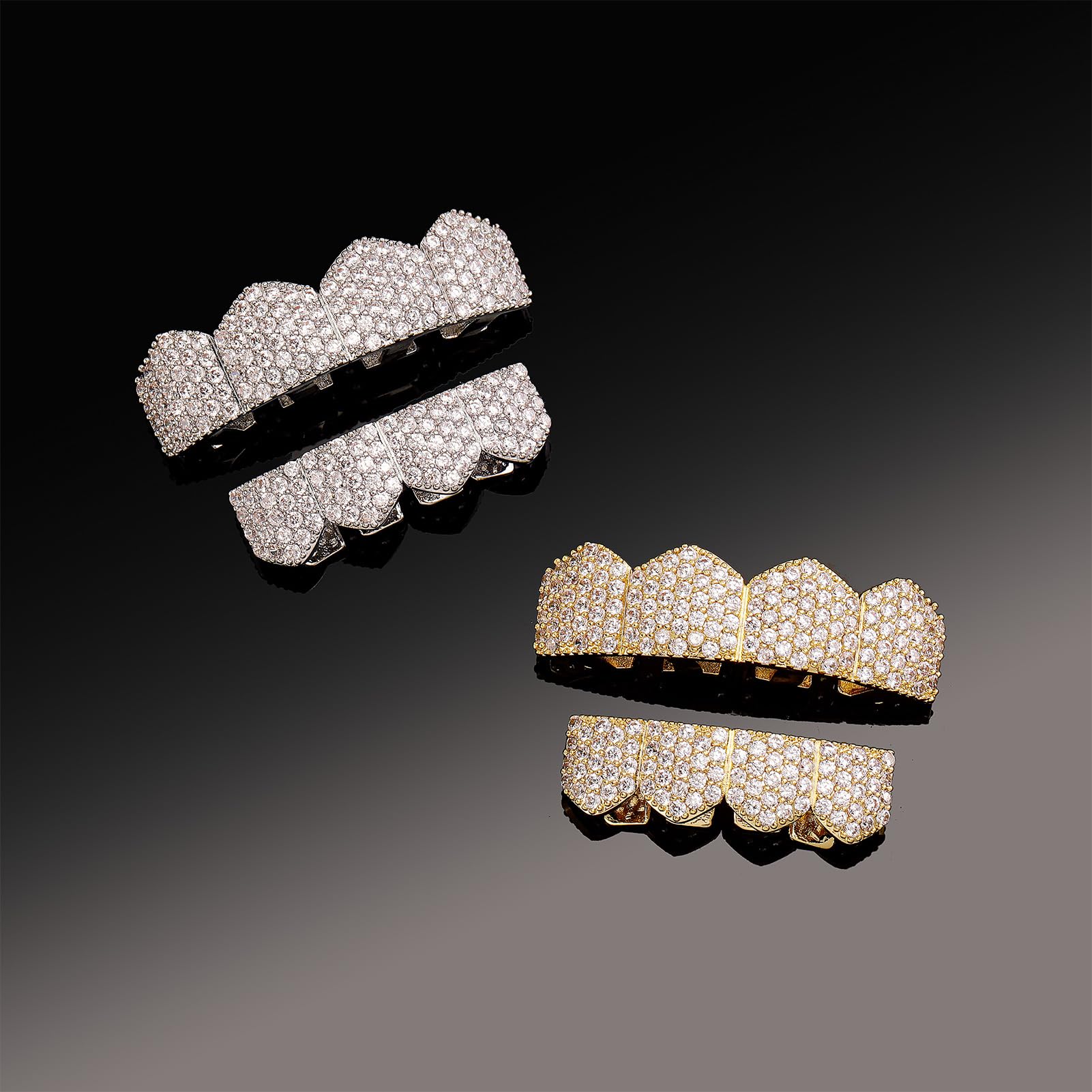 JINAO 4 Teeth Grillz - 14K Gold Plated Silver Hip Hop Grillz for Men & Women | Top & Bottom Tooth Jewelry | Perfect for Parties, Concerts & Rap Performances