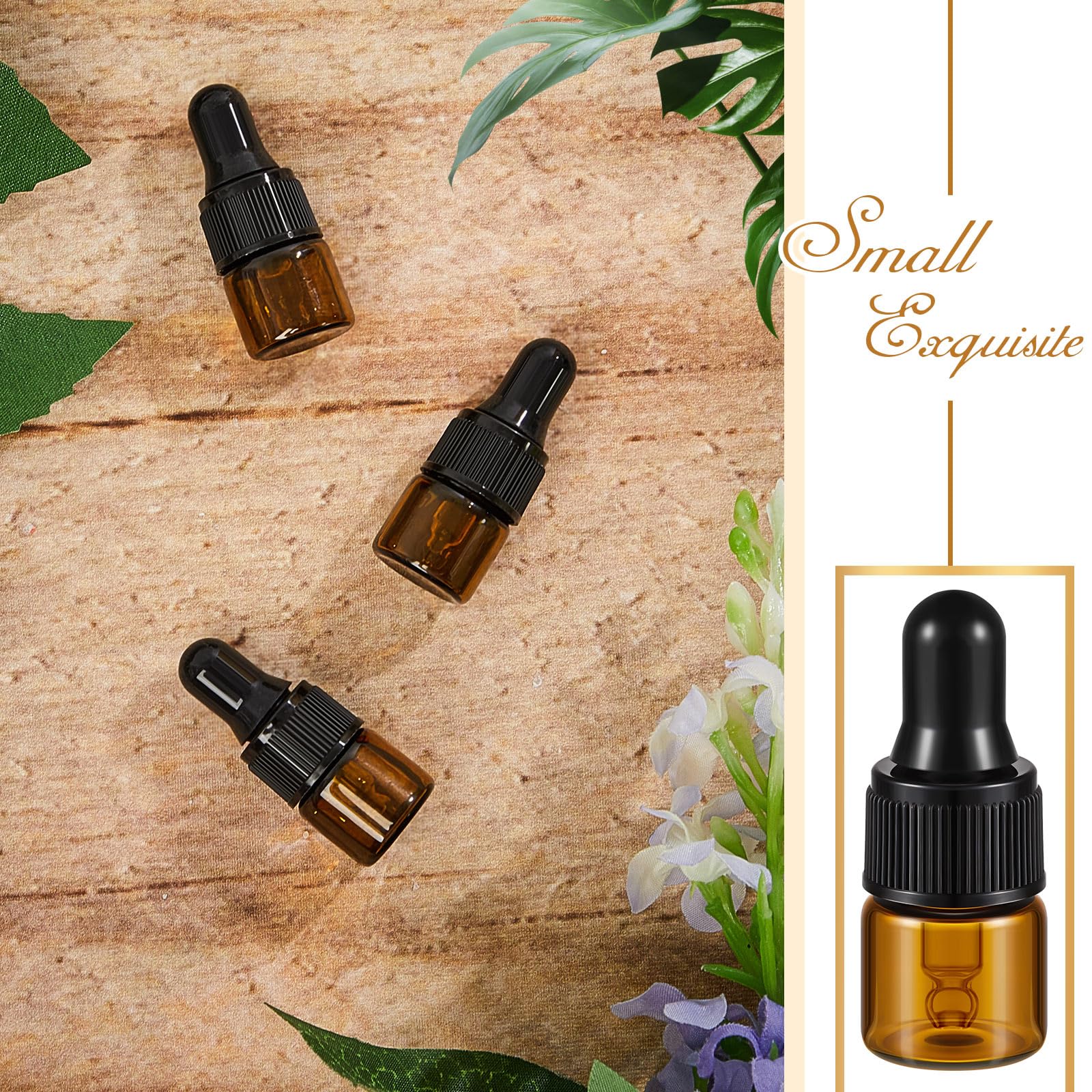 200 Pcs 1ml Amber Mini Glass Dropper Bottles with Lids - Travel Essential Oil Containers, Cosmetic Sample Vials, Perfume Liquid Storage - Perfect for DIY Beauty Products, Aromatherapy & Travel Toiletries