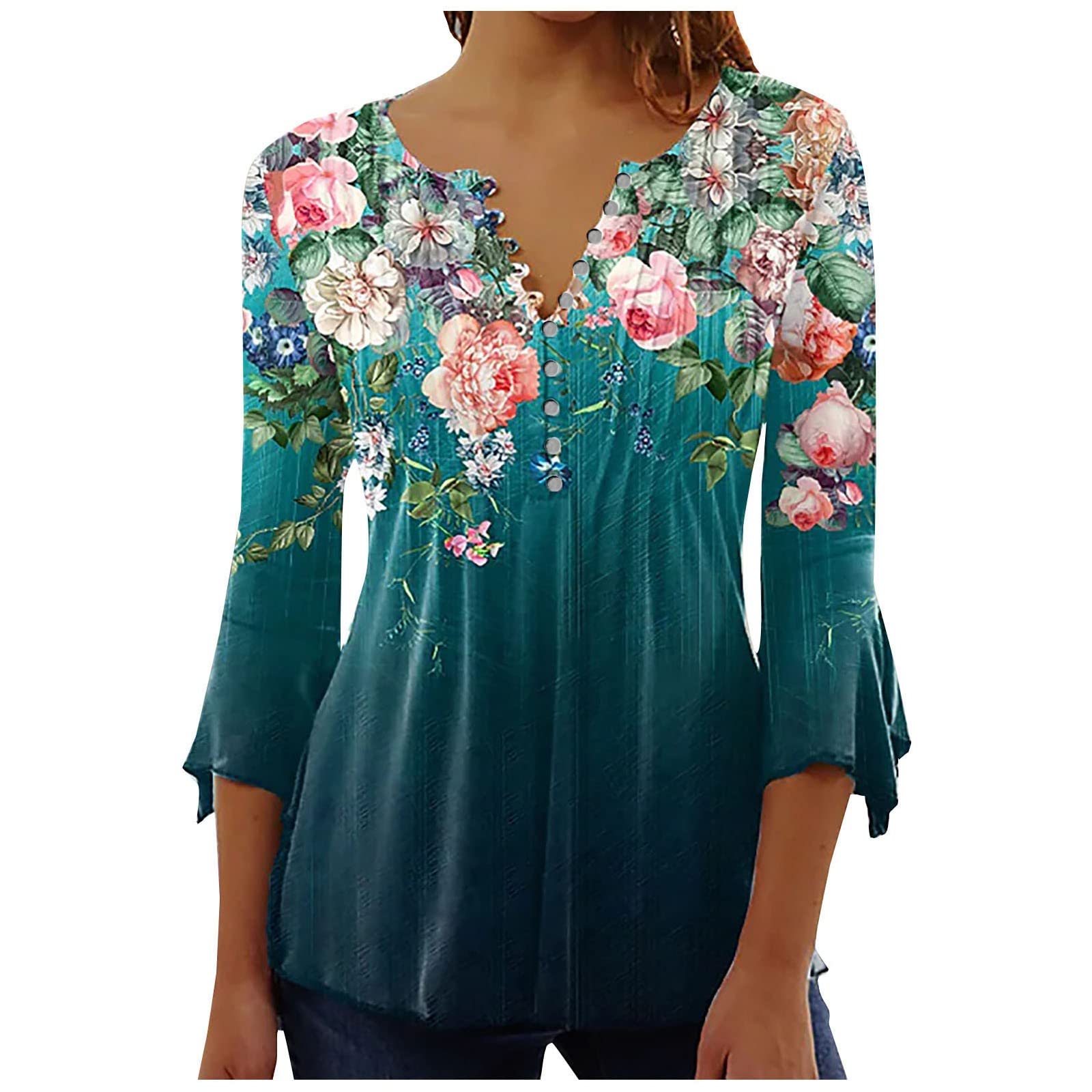 Trendy Women's 3/4 Sleeve V-Neck Button Down Shirt with Petal Sleeves & Leopard Print - Fashion Pleated Blouse for Casual Wear, Office Outfits and Spring Summer Wardrobe