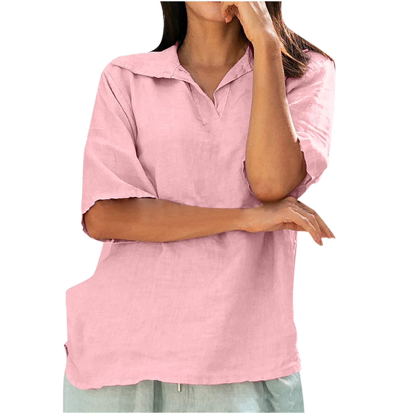 Women's Cotton Linen Blend Short Sleeve T-Shirt - Vintage Lapel Casual Blouse for Work & Summer | Loose Fit Tunic Top for Office, Travel & Everyday Wear