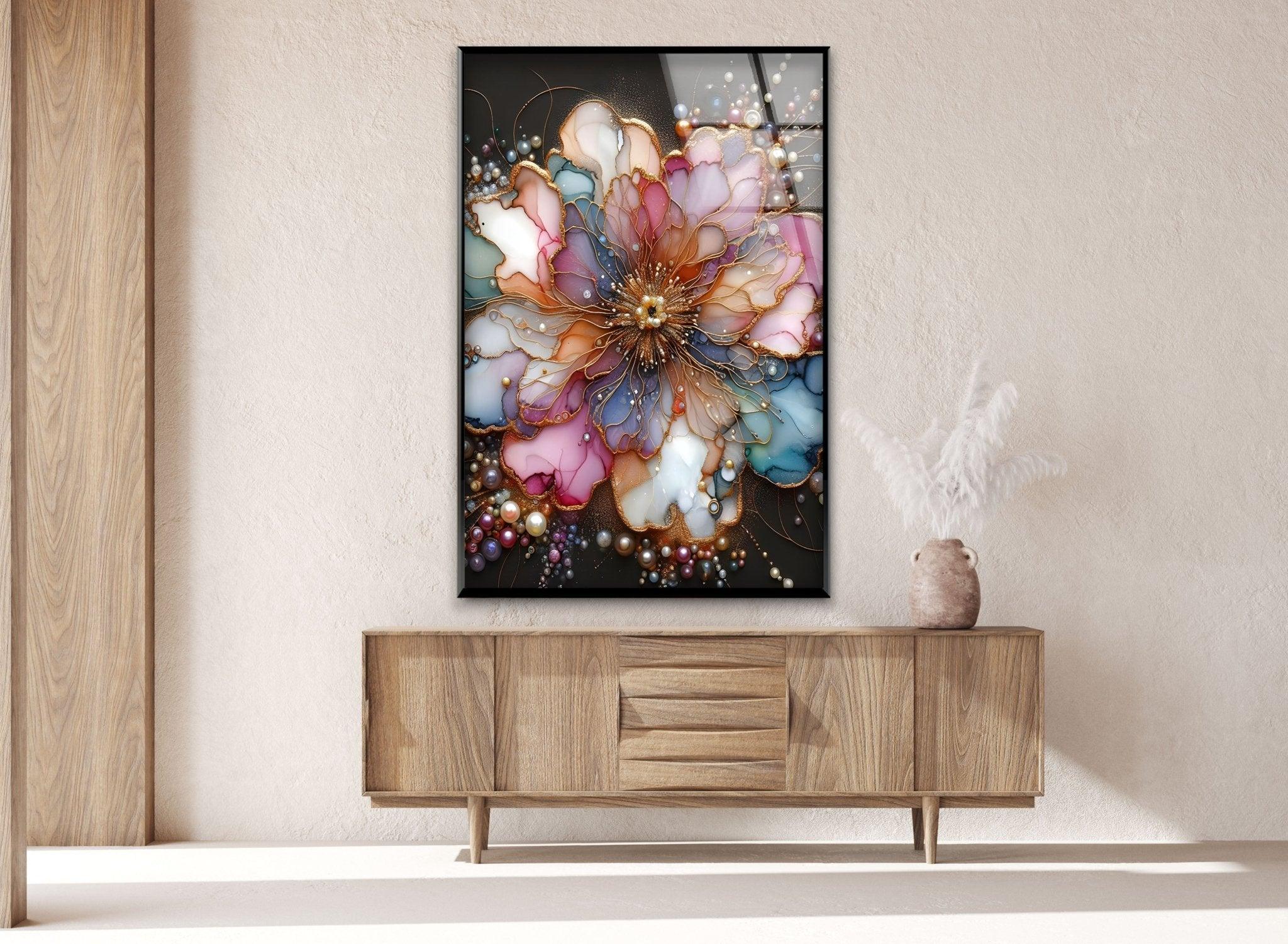 Abstract Floral Pearl Glass Wall Art - Elegant Home Decor for Living Room, Bedroom & Office - Perfect Gift for Housewarming & Wedding