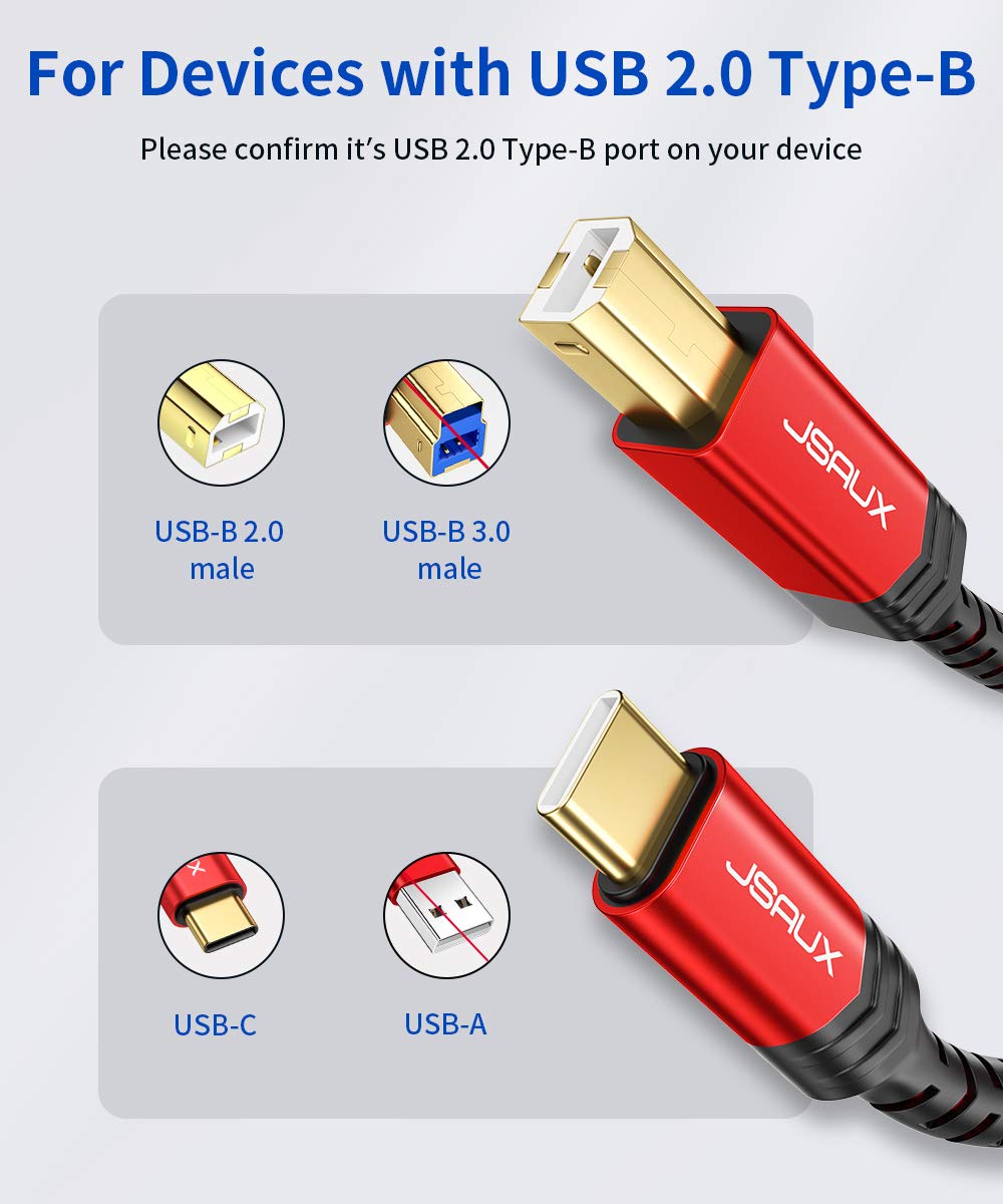 JSAUX 10ft USB B to USB C Printer Cable - Nylon Braided USB C MIDI Cable for MacBook Pro, HP, Epson, Canon, Brother, Lexmark, Xerox Printers & Scanners - Fast Charging & Data Sync - Perfect for Home Office & Studio Setup (Red)