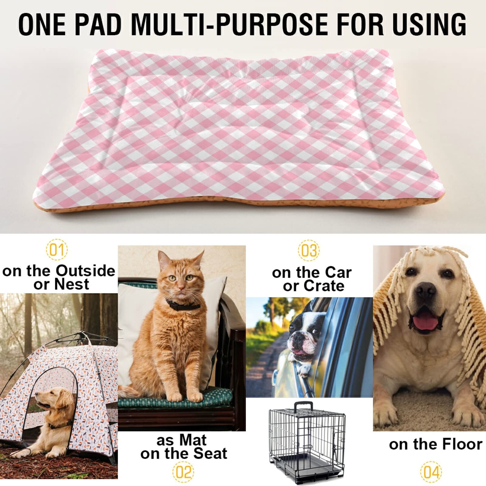 Pink Gingham Dog Bed for Small & Medium Dogs - Ultra Soft Rectangular Pet Bed with Calming Design, 24x18 Inch - Perfect for Crates, Living Rooms & Bedrooms