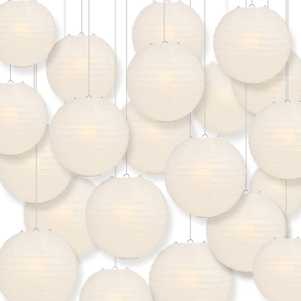 14 Inch Beige/Ivory Round Paper Lanterns - Bulk Pack of 50 | Even Ribbing Hanging Decorations for Weddings, Parties & Home Decor | PaperLanternStore.com