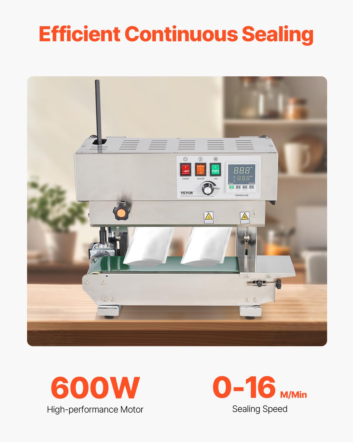 VEVOR Continuous Bag Band Sealing Machine - 6-12mm Seal Width, Digital Temperature Control, Stainless Steel Vertical Sealer for 0.02-0.8mm Plastic Bags & Films - Perfect for Food Packaging, Retail & Industrial Use
