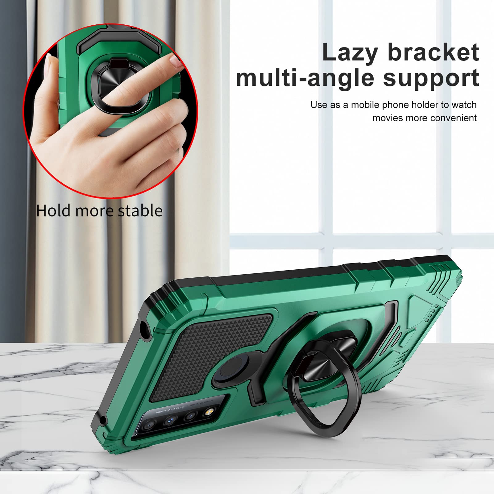 Ailiber Rugged Case for TCL 30 XE 5G & TCL 20R 5G - Military Grade Shockproof Protective Cover with Built-in Ring Kickstand & Screen Protector, Compatible with Magnetic Car Mount (Green) - Perfect for Outdoor Adventures, Work & Daily Use
