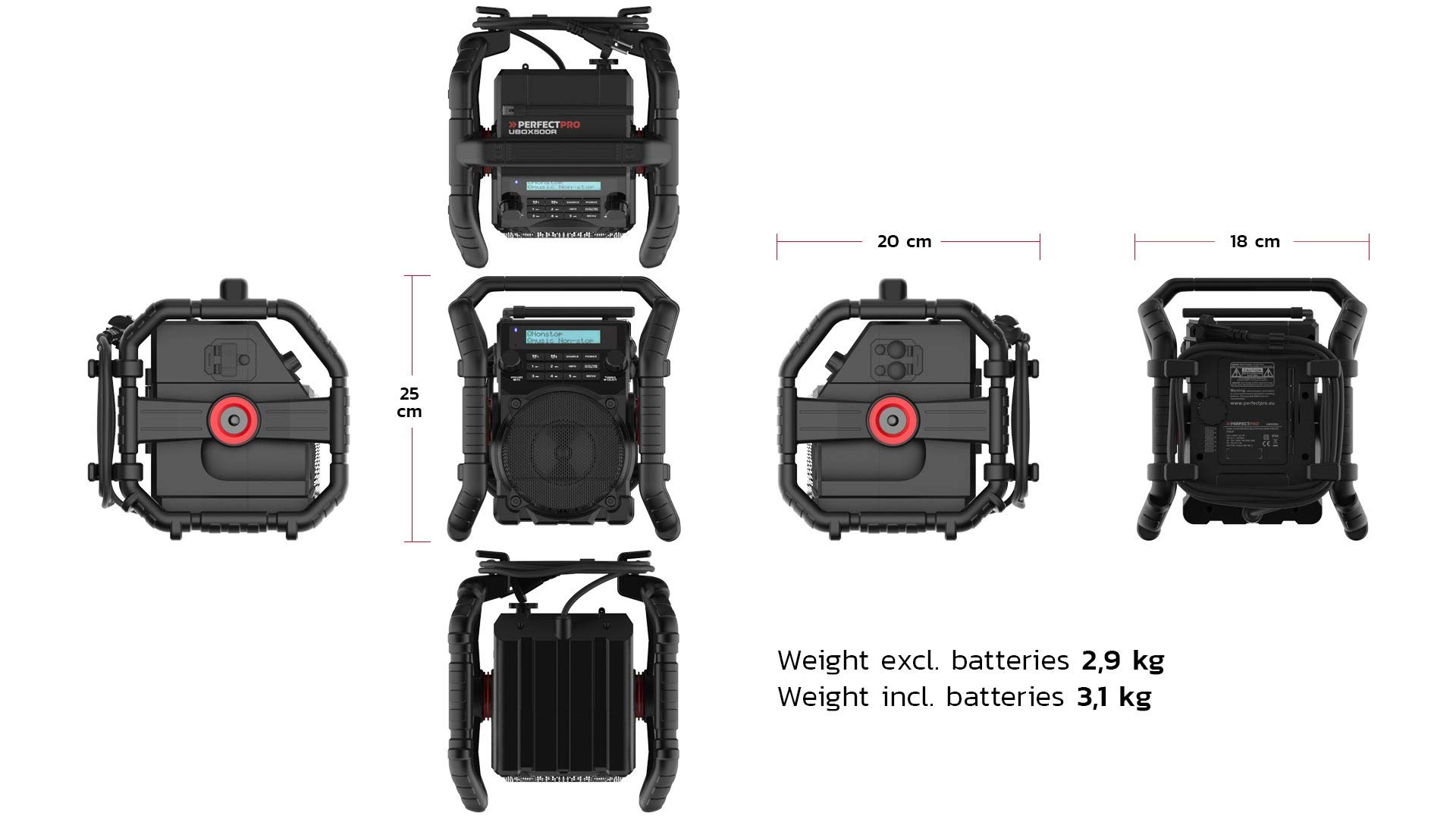 PerfectPro UBOX500R Heavy-Duty Construction Site Radio with DAB+/FM/Bluetooth®/AUX/USB - Shockproof, Battery Charging & Weatherproof - Ideal for Job Sites, Outdoor Work & Camping