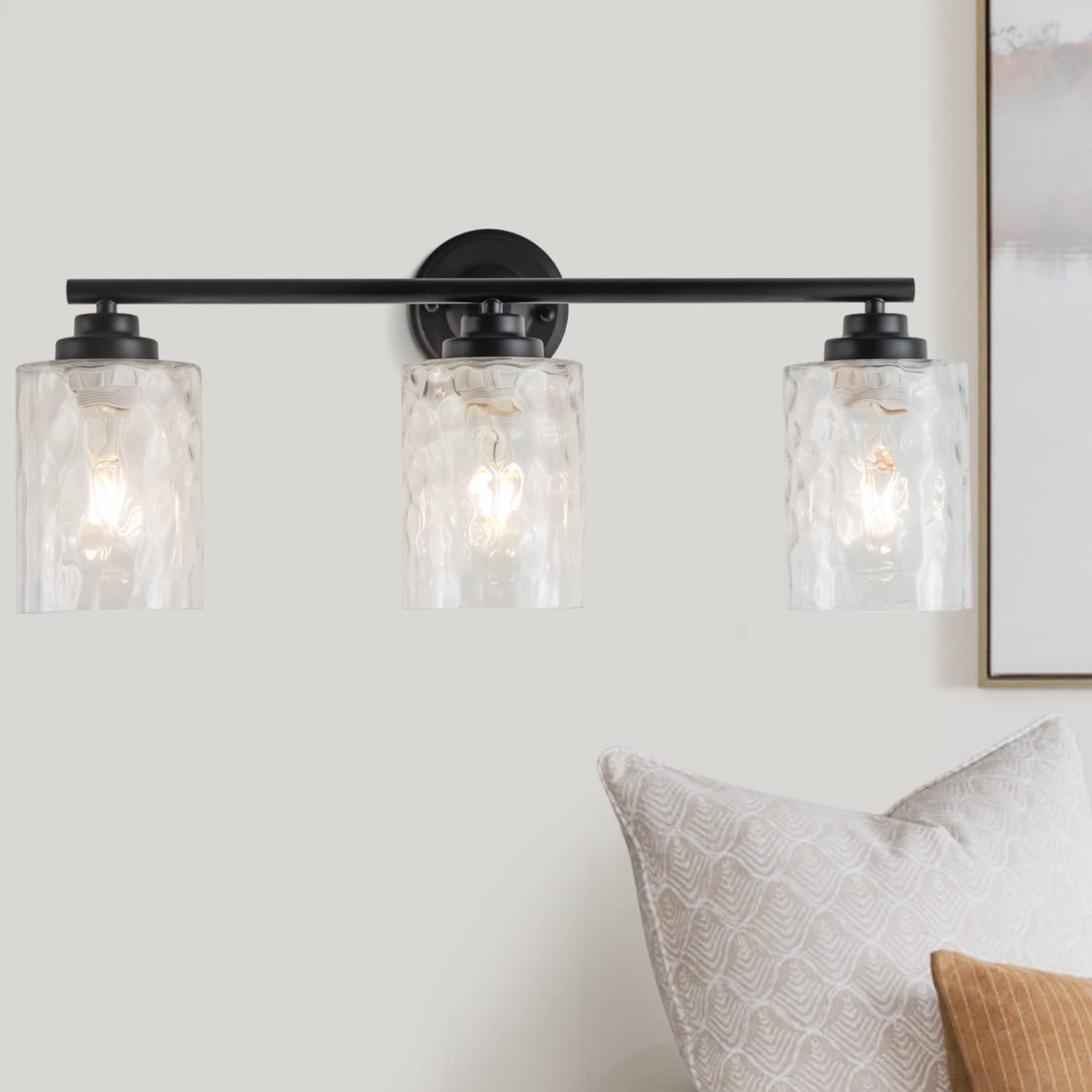 Modern Matte Black Bathroom Vanity Lights 24 Inch - 3-Light Industrial Wall Sconce with Hammered Glass Shade - Waterproof Mirror Lighting for Bathroom, Bedroom Makeup Desk, Living Room, Kitchen, Porch & Hotel Decor - Dimmable LED Vanity Light Fixture for Modern Home Interior Design