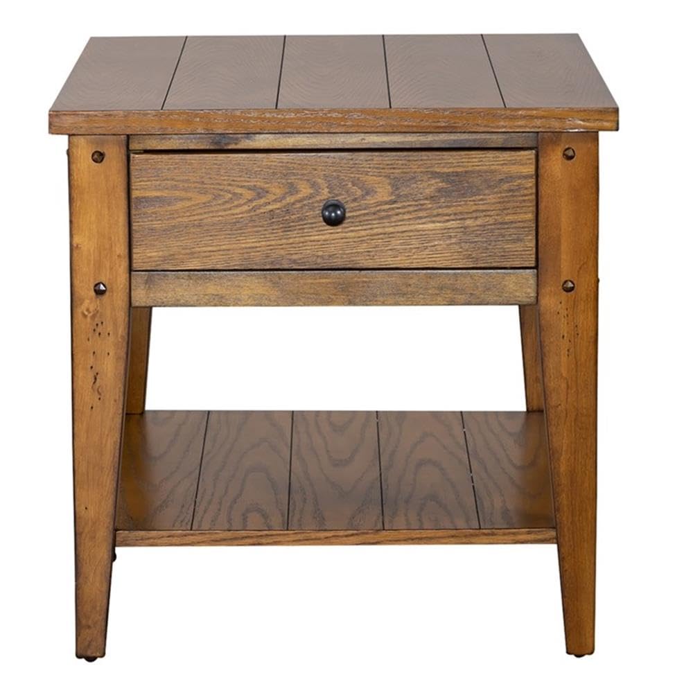 Pemberly Row 1 Drawer Farmhouse End Table - Solid Wood with Brass Accents in Golden Oak Finish | Perfect for Living Room, Bedroom, or Entryway Decor