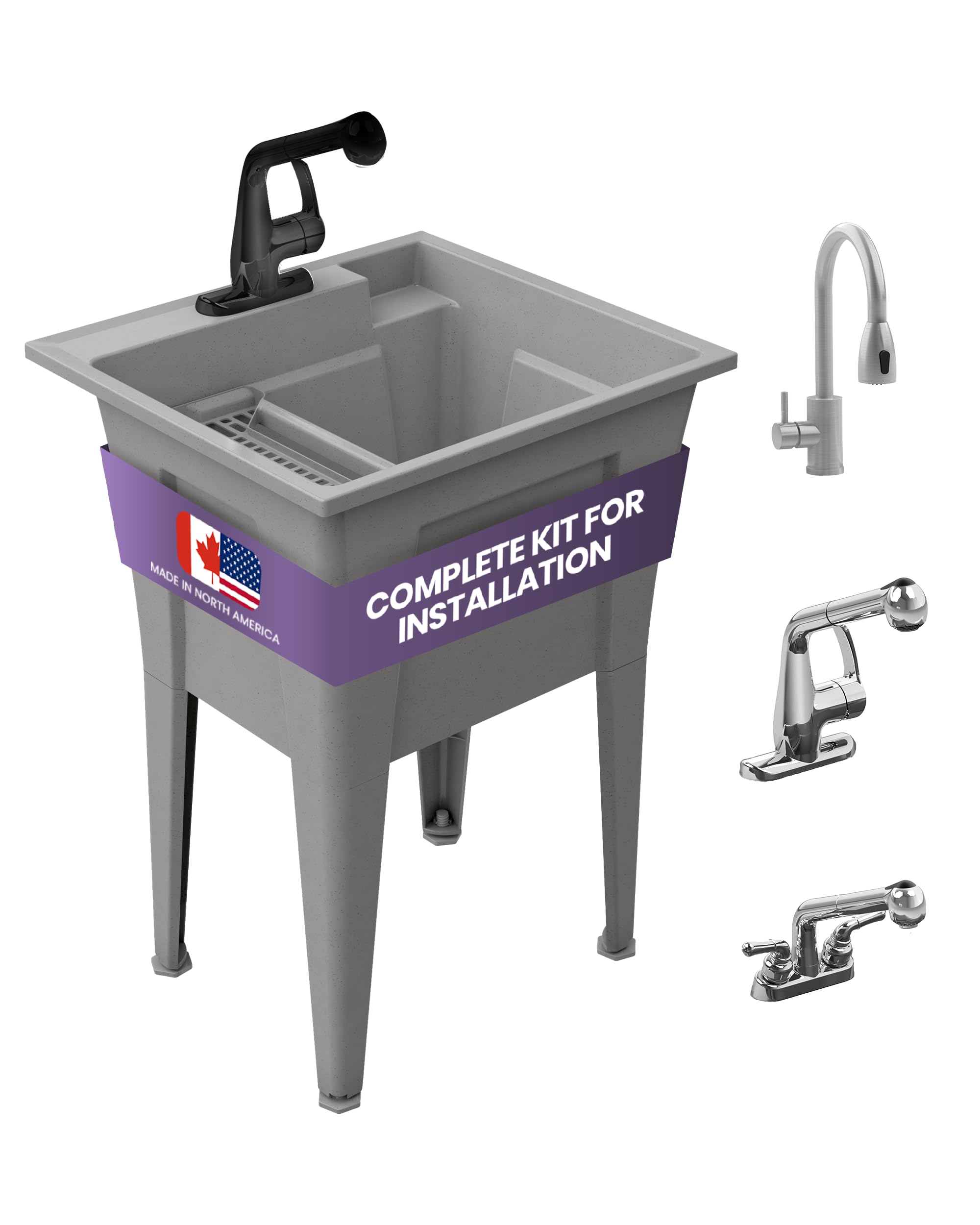 Utility Sink with One-Handle Matte Black Plastic Faucet – Durable Polypropylene Laundry Sink for Garage, Basement & Workshop – Heavy-Duty Grey Utility Tub for Indoor & Outdoor Use – Complete Sink Set with Drain (24” x 22” x 34”, 19.5 Gallons) – Perfect for Washing Pets, Cleaning Tools & DIY Projects