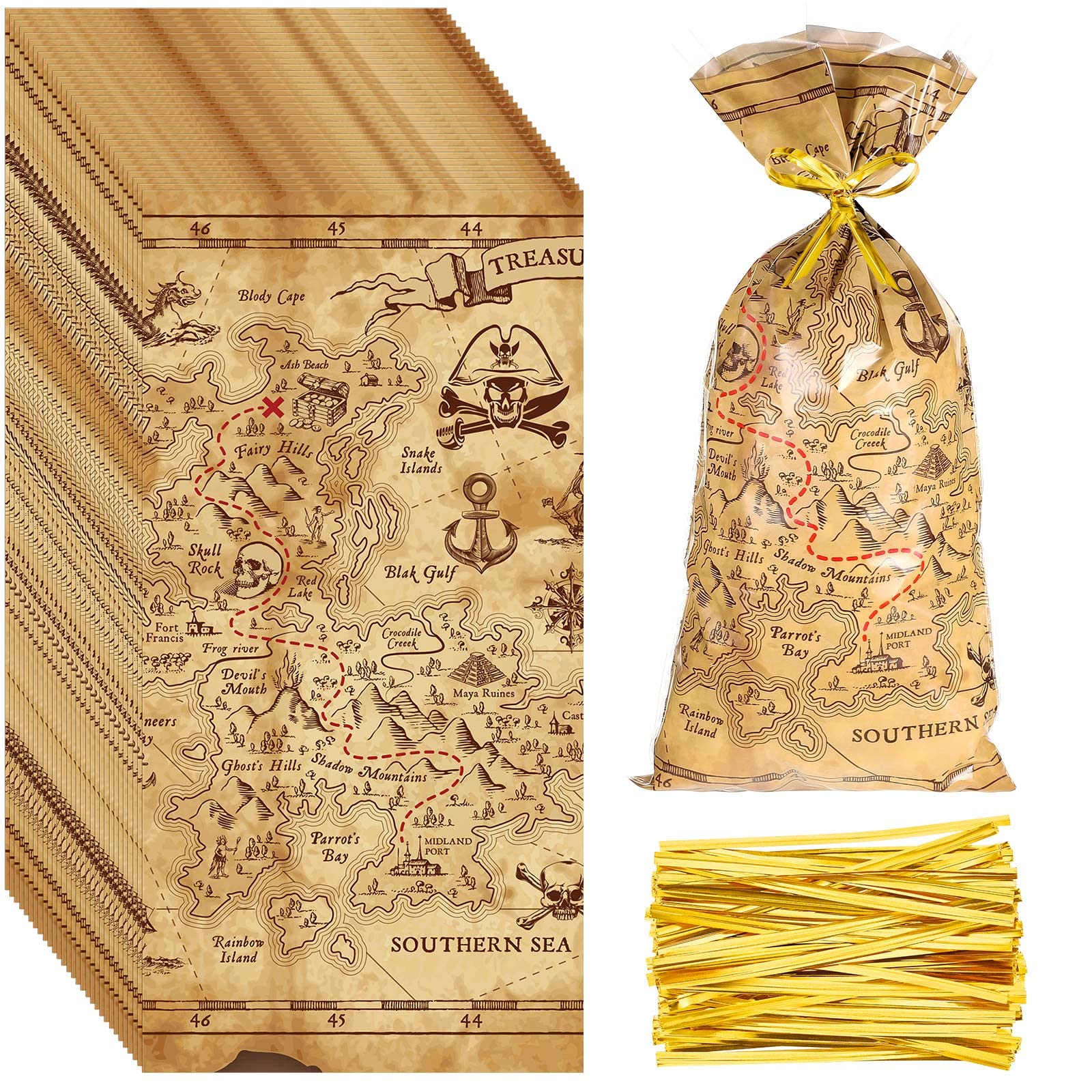 100-Piece Pirate Party Cello Bags with Gold Twist Ties - Halloween Treasure Map Treat Bags for Kids, Goodie Bags, Party Favors & Island Themed Events - Perfect for Classroom Rewards, Birthday Parties & Trick-or-Treating