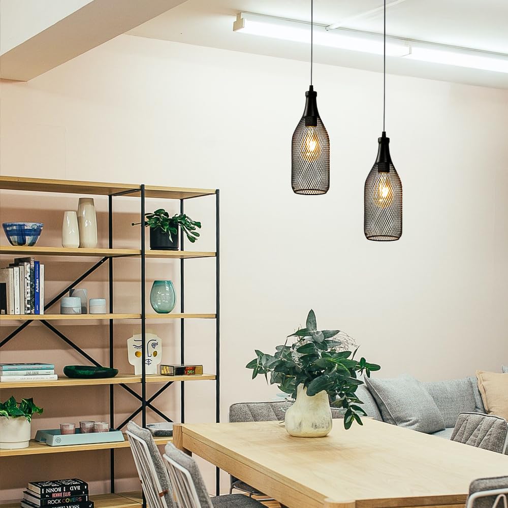 JHY DESIGN Black Battery Powered Hanging Lamp - Metal Cage Pendant Light with 6-Hour Timer for Indoor & Outdoor Use - Perfect for Bedroom, Living Room, Bar, Garden, Patio, and Party Decor (Wine Bottle Shaped)