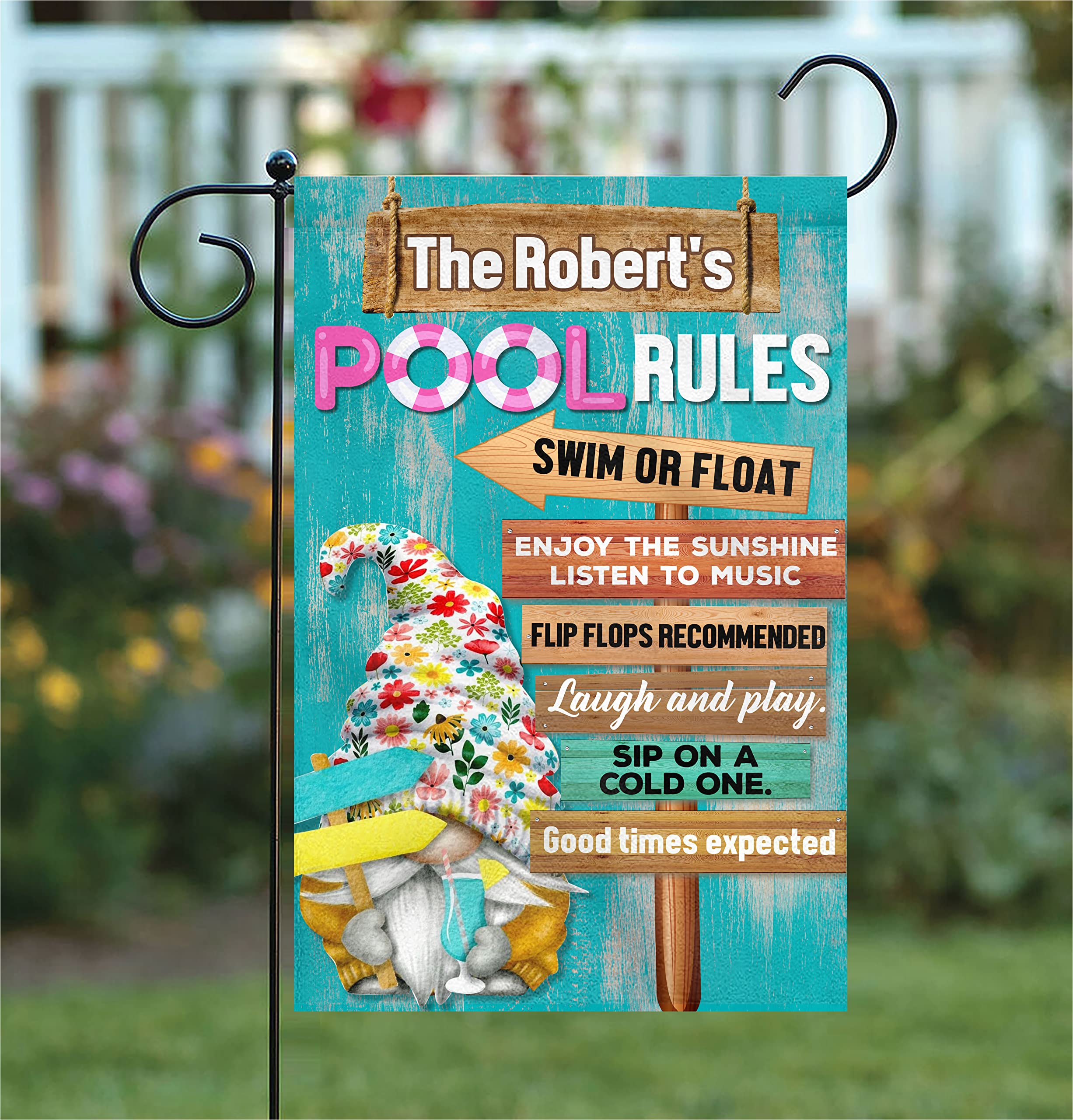 Personalized Summer Pool Rules Garden Flag - Double Sided 12x18 Inch Swimming Pool Banner with Beachy Design, Perfect for Beach House Decor, Backyard Parties & Outdoor Poolside Decoration | Durable Vertical Yard Flag with Fun Pool Gnome Signs
