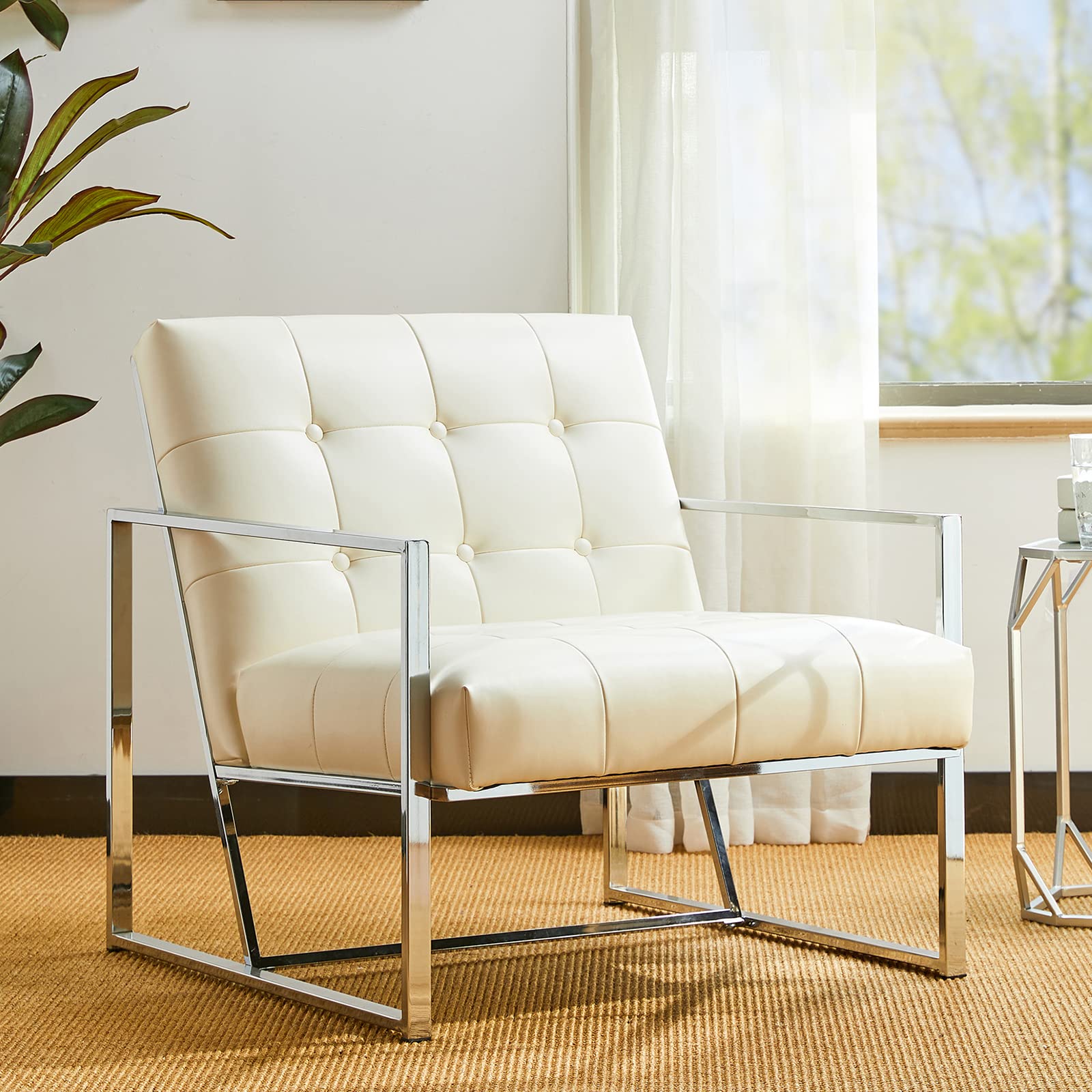 Glitzhome Mid Century Modern Accent Chair - Durable Metal Frame & PU Leather Cushioned Armchair for Living Room, Bedroom, Home Office - Off White | Perfect for Reading Nooks, Lounge Areas & Contemporary Decor