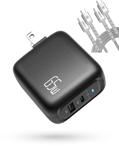 65W Laptop Wall Charger with 2-Pack 100W USB-C to USB-C Fast Charging Cable - White Charger & Black Cables for MacBook, Dell, HP | Home, Office, Travel Charging Solution