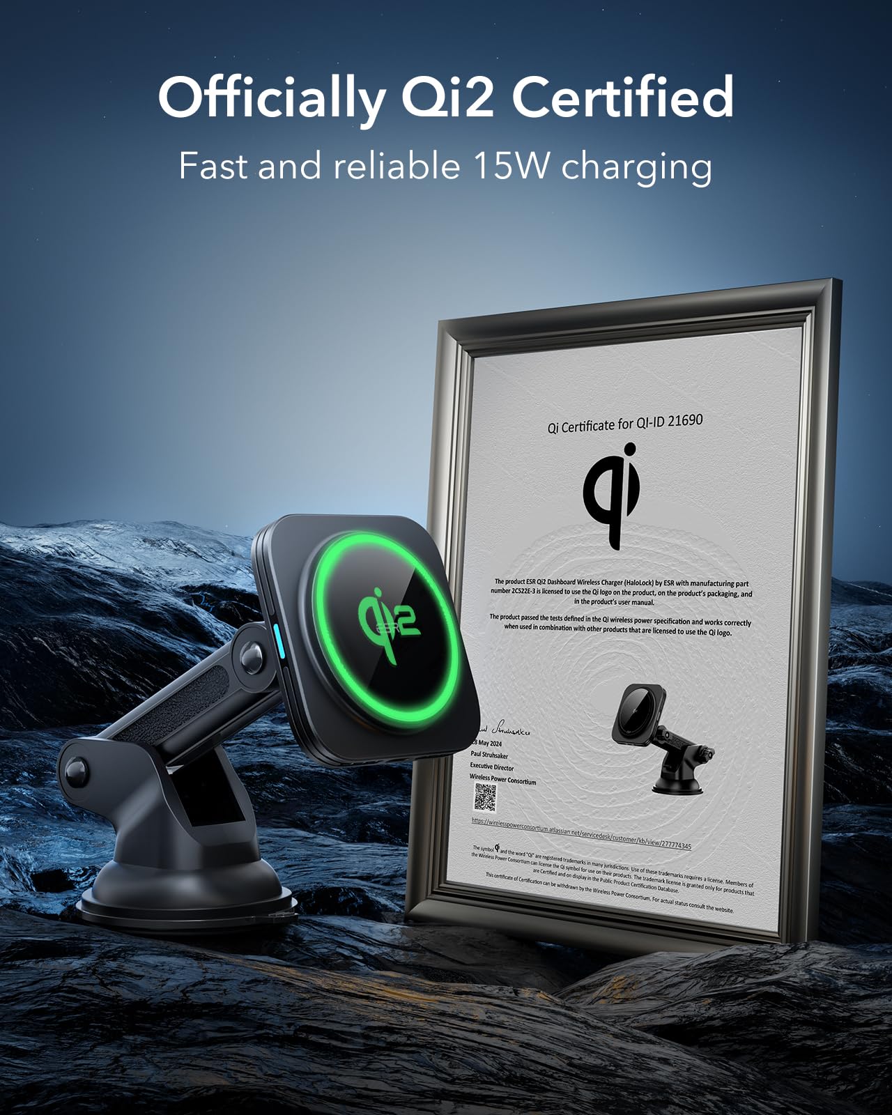 ESR Qi2 15W MagSafe Car Charger - Qi2 Certified Wireless Magnetic Car Phone Holder for iPhone 16/15/14/13/12 - Fast Charging Dashboard Mount for Safe Driving & Hands-Free Navigation