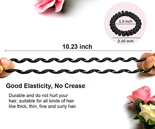 FAMEZA 10 Pack No Crease Spiral Hair Ties - Traceless Elastic Coil Hair Bands for Women & Girls | Phone Cord Style, Waterproof Hair Coils (Black) - Perfect for Workouts, Yoga, Swimming & Everyday Hairstyles