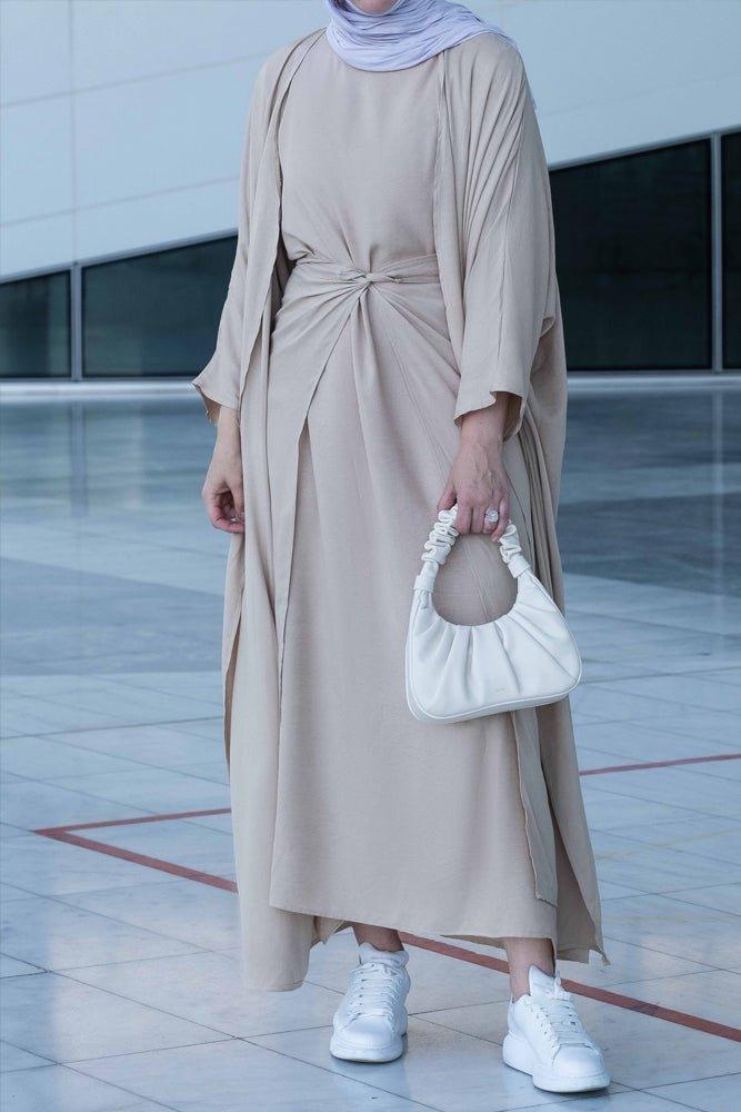 Janeti Linen 3-Piece Set - Natural Fabric Inner Slip Dress, Apron & Open Front Abaya in Beige | Boho Chic Outfit for Women, Beach Cover-Up, Modest Fashion, Summer Vacation Wear