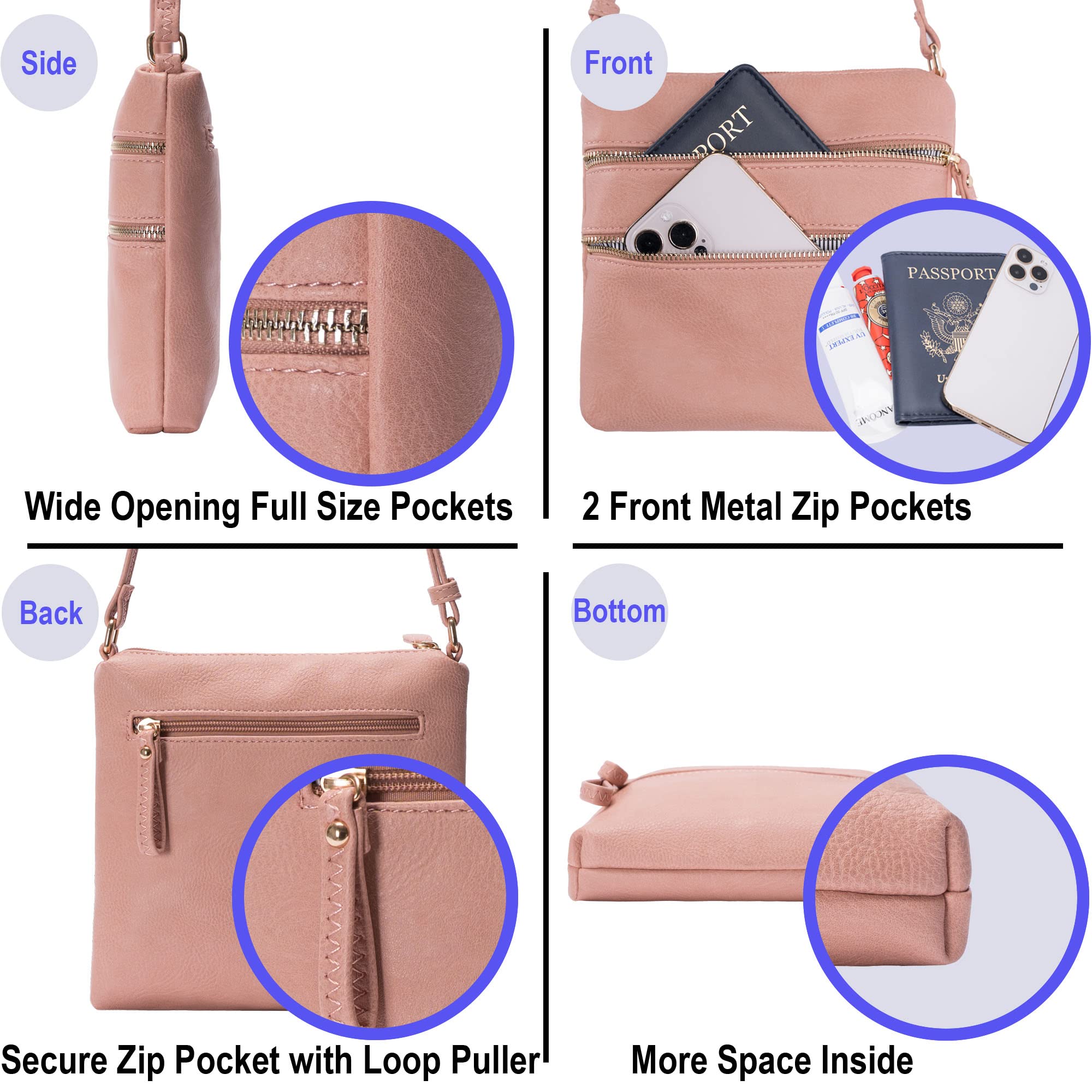Solene Multi Zipper Pocket Crossbody Bag with Adjustable Strap - Lightweight Travel Purse for Women - Fashionable Messenger Bag for Daily Use, Work, Shopping & Travel Accessories